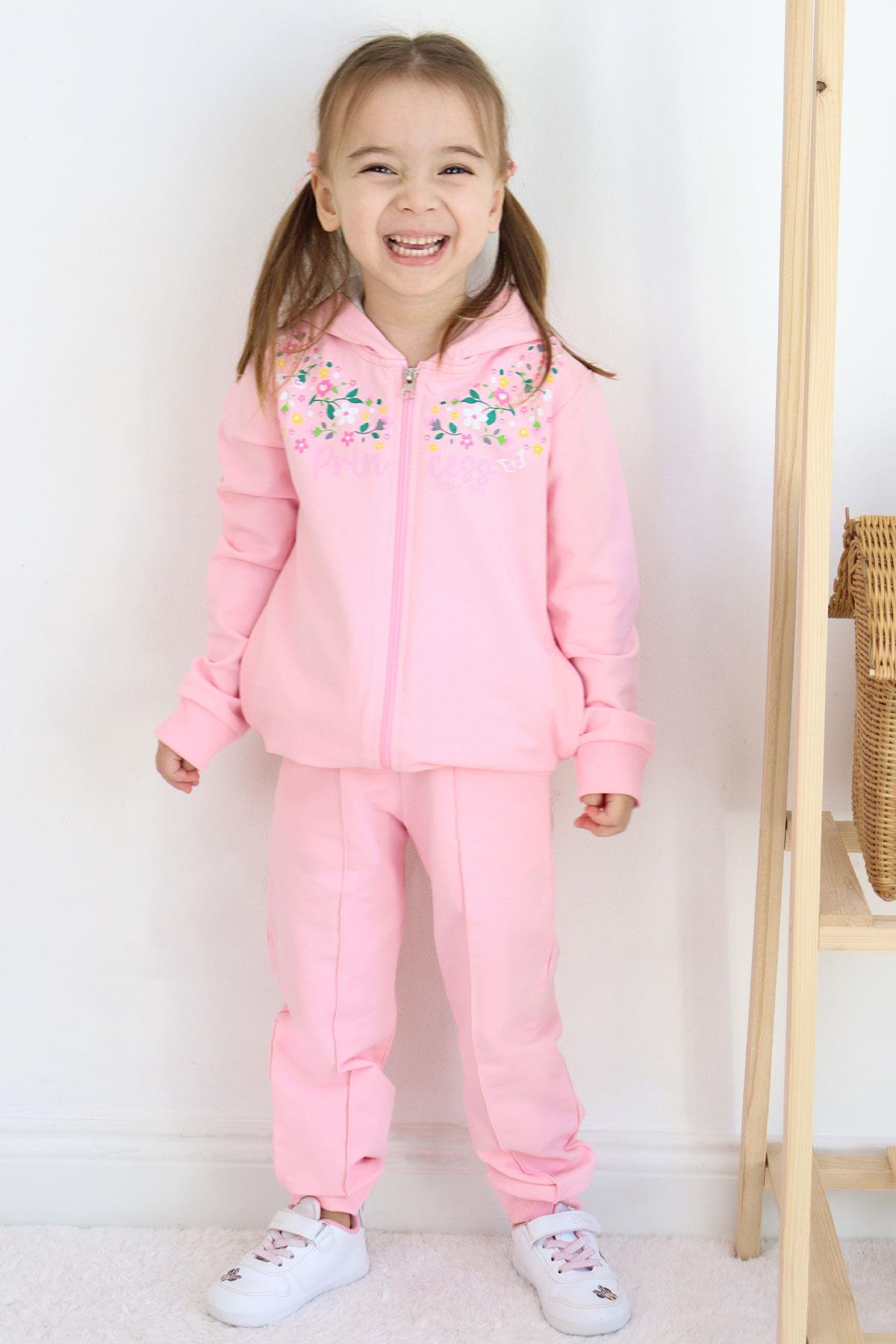 Breeze Kız Çocuk Eşofman Takım Renkli Çiçek Desenli Fermuarlı Pembe (1.5-5 Yaş)