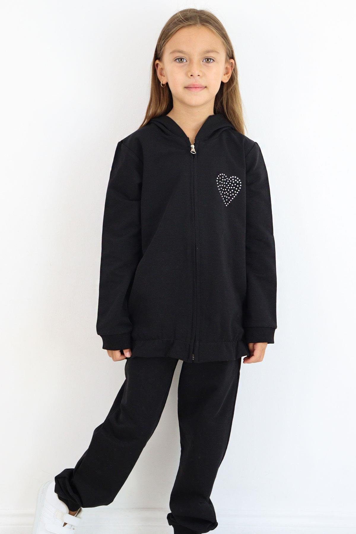 Breeze Kız Çocuk Eşofman Takım Taş İşlemeli Kalp Siyah (4-6 Yaş)