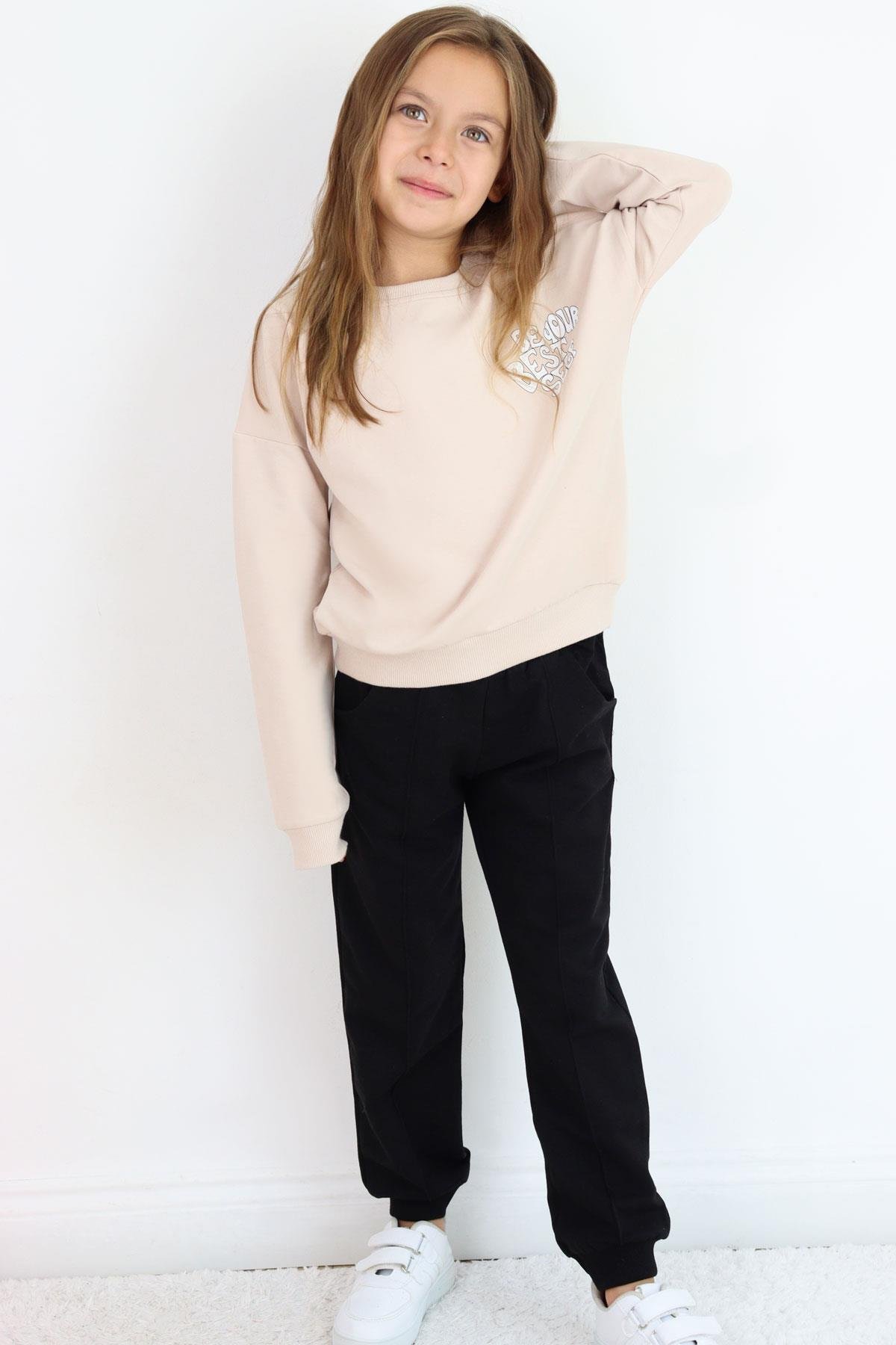 Breeze Kız Çocuk Eşofman Takım Yazı Baskılı Sırtı Çiçekli Bej (4-9 Yaş)