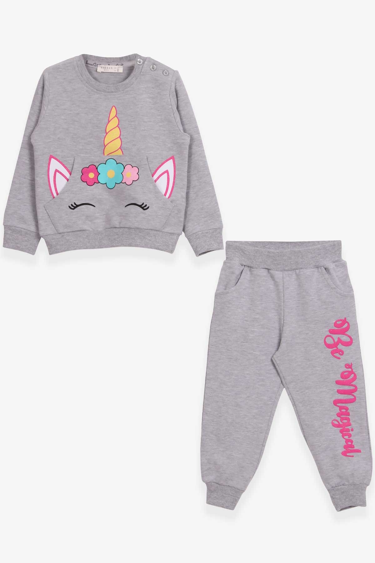 Breeze Kız Çocuk Eşofman Takımı Caticorn Baskılı Açık Gri Melanj (1.5-5 Yaş)