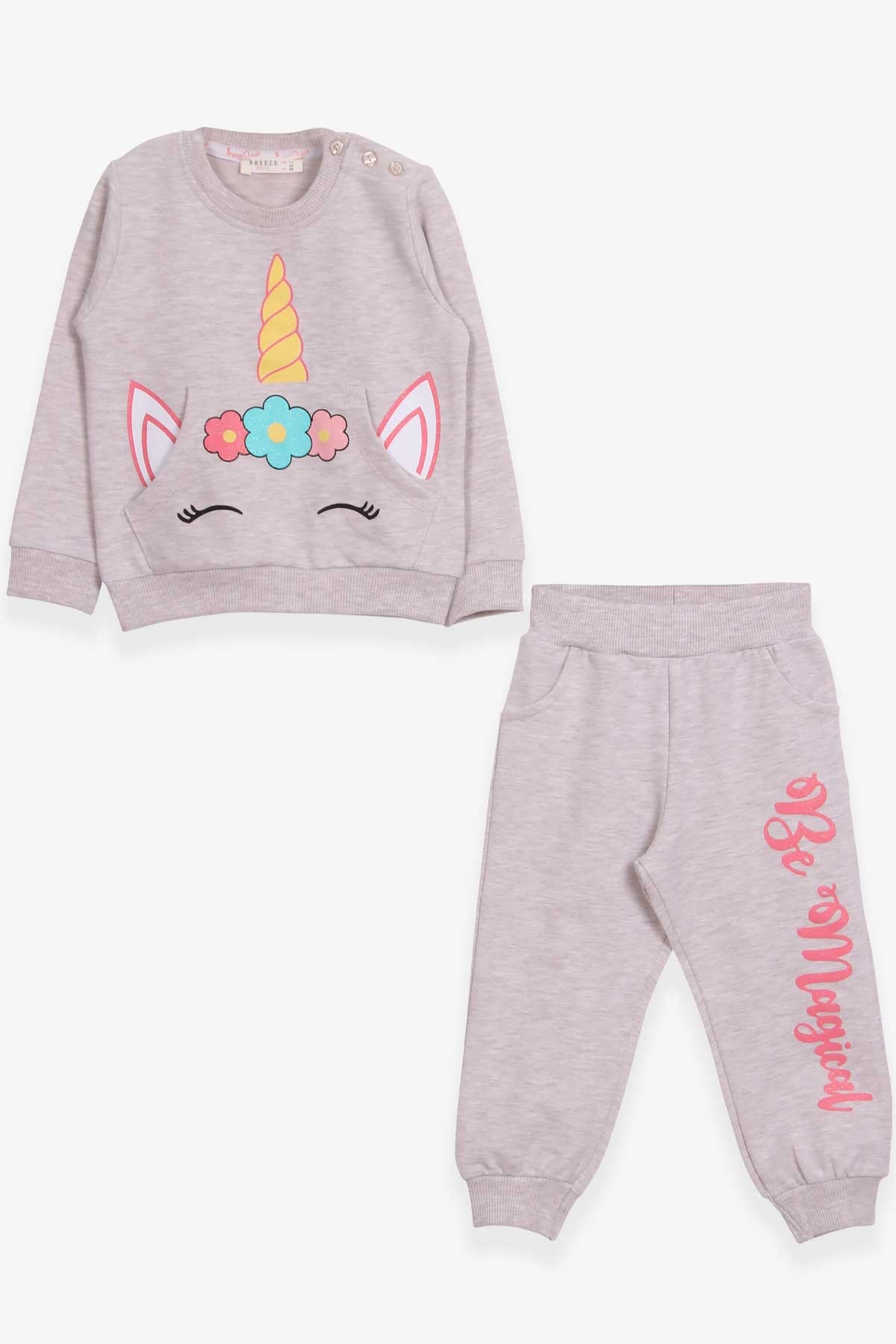 Breeze Kız Çocuk Eşofman Takımı Caticorn Baskılı Bej Melanj (1.5-5 Yaş)
