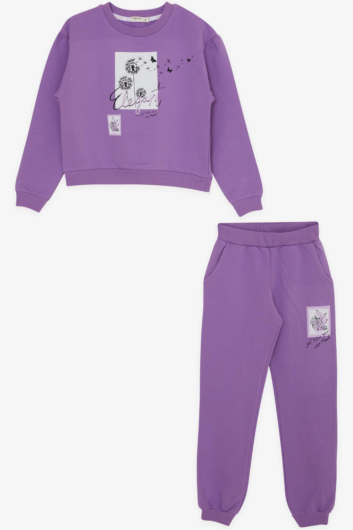 Breeze Kız Çocuk Eşofman Takımı Çiçek Kelebek Baskılı Eflatun (6-12 Yaş)