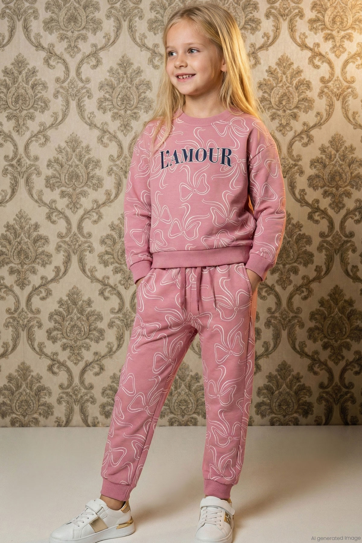 Breeze Kız Çocuk Eşofman Takımı Fiyonk Desenli Bağcık Aksesuarlı Pembe (4-8 Yaş)