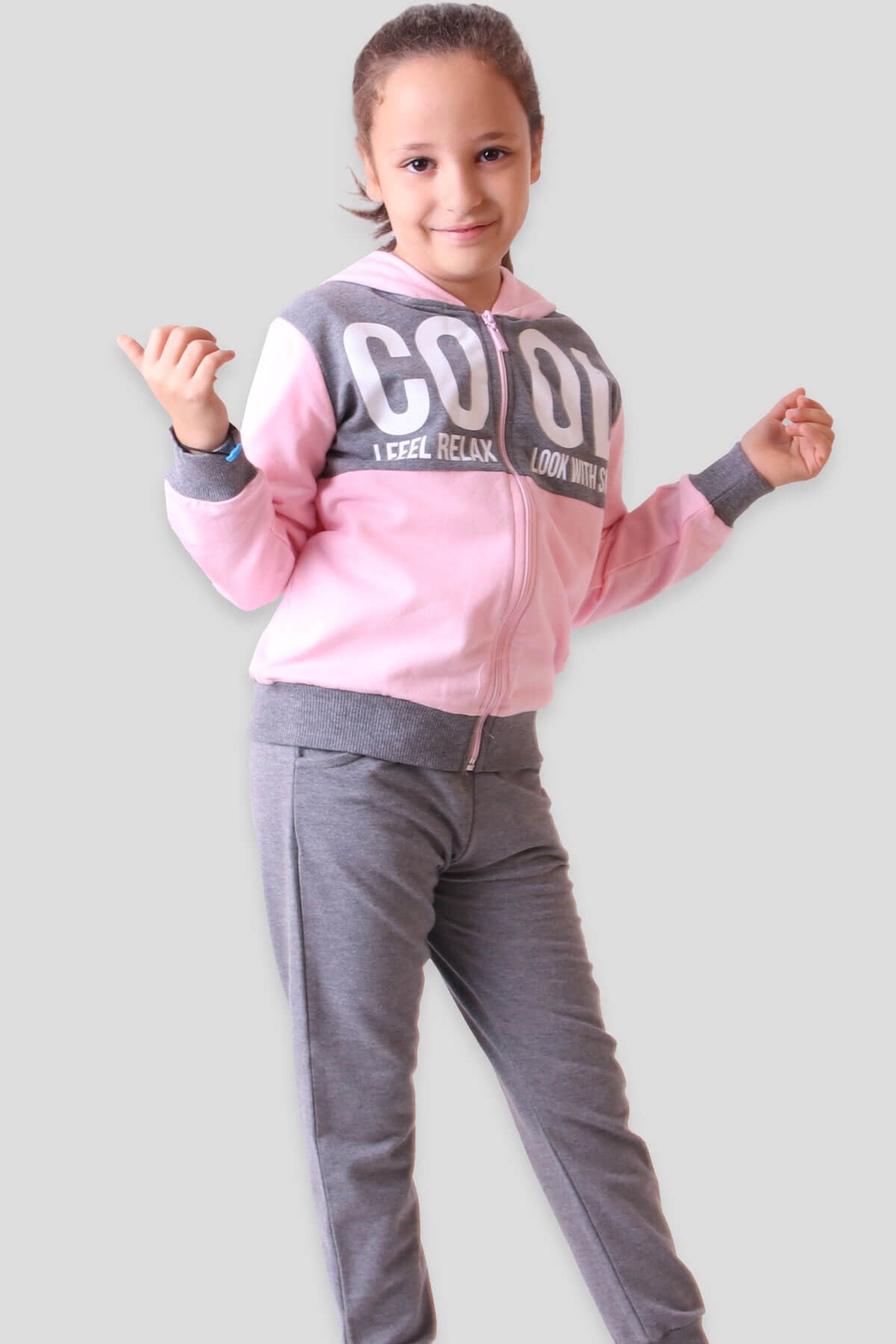 Breeze Kız Çocuk Eşofman Takımı Kapüşonlu Pembe-Gri (6-8 Yaş)