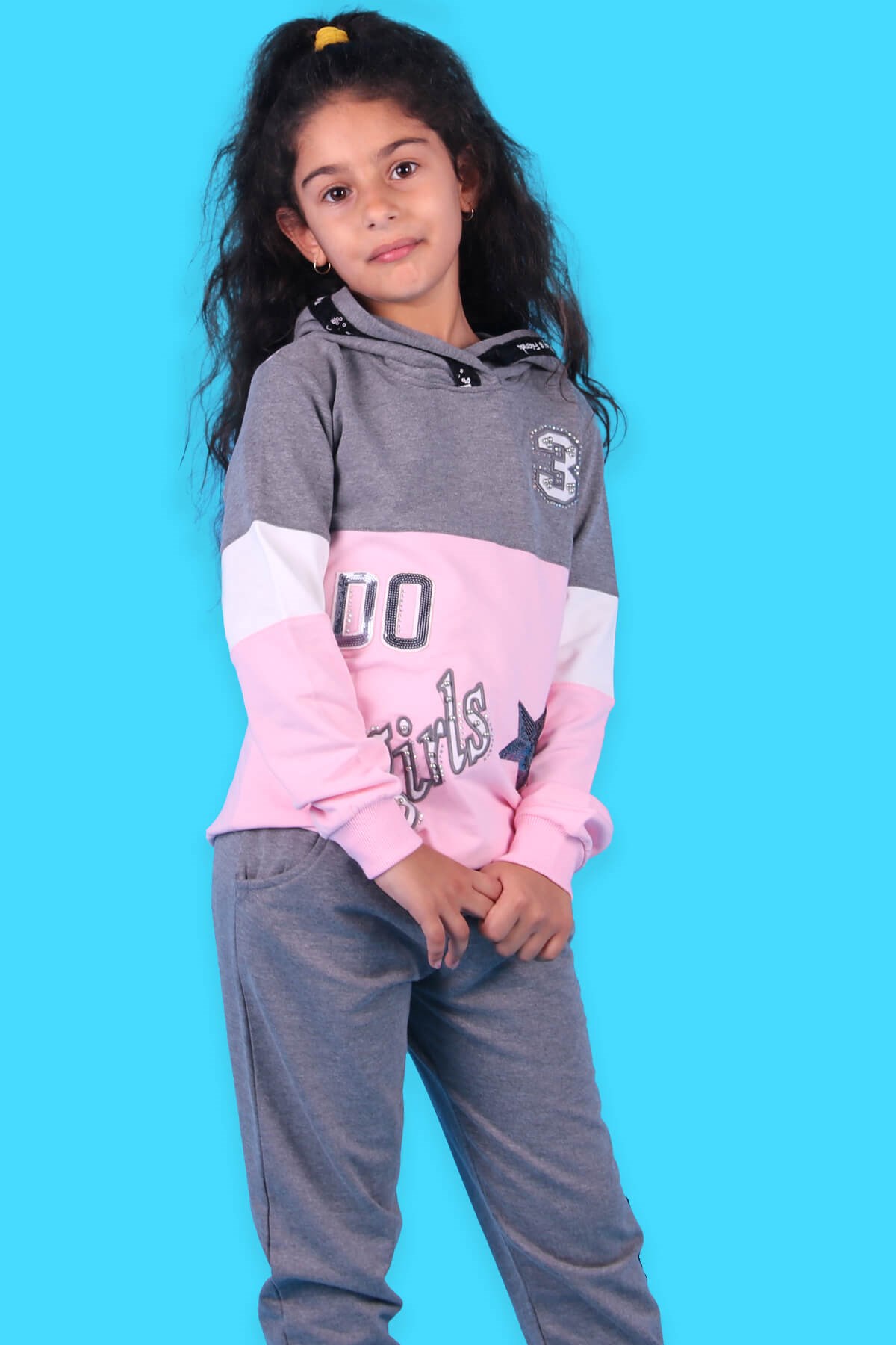 Breeze Kız Çocuk Eşofman Takımı Kapüşüonlu Taşlı Pudra (8-14 Yaş)