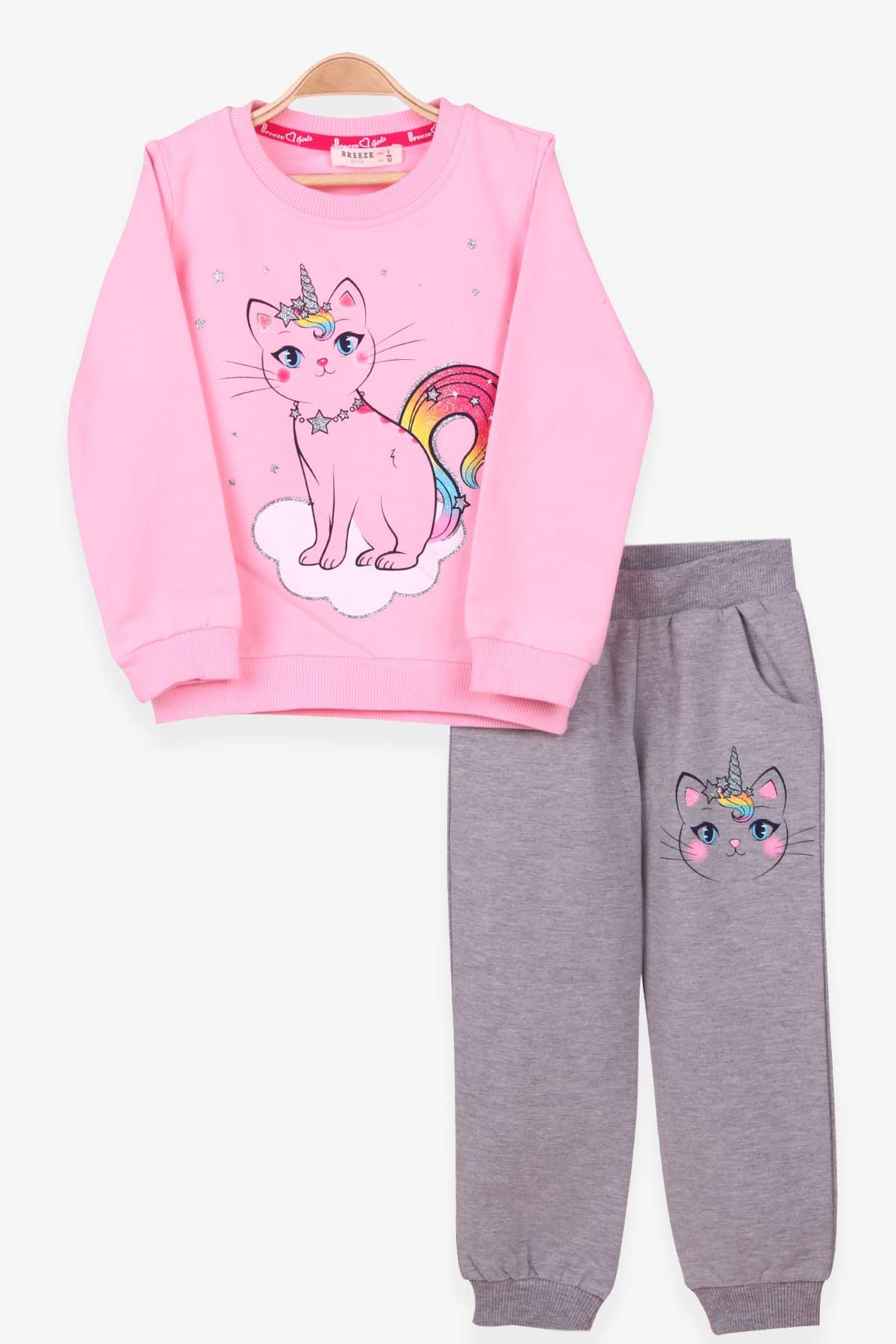 Breeze Kız Çocuk Eşofman Takımı Kedi Baskılı Pudra (2-6 Yaş)