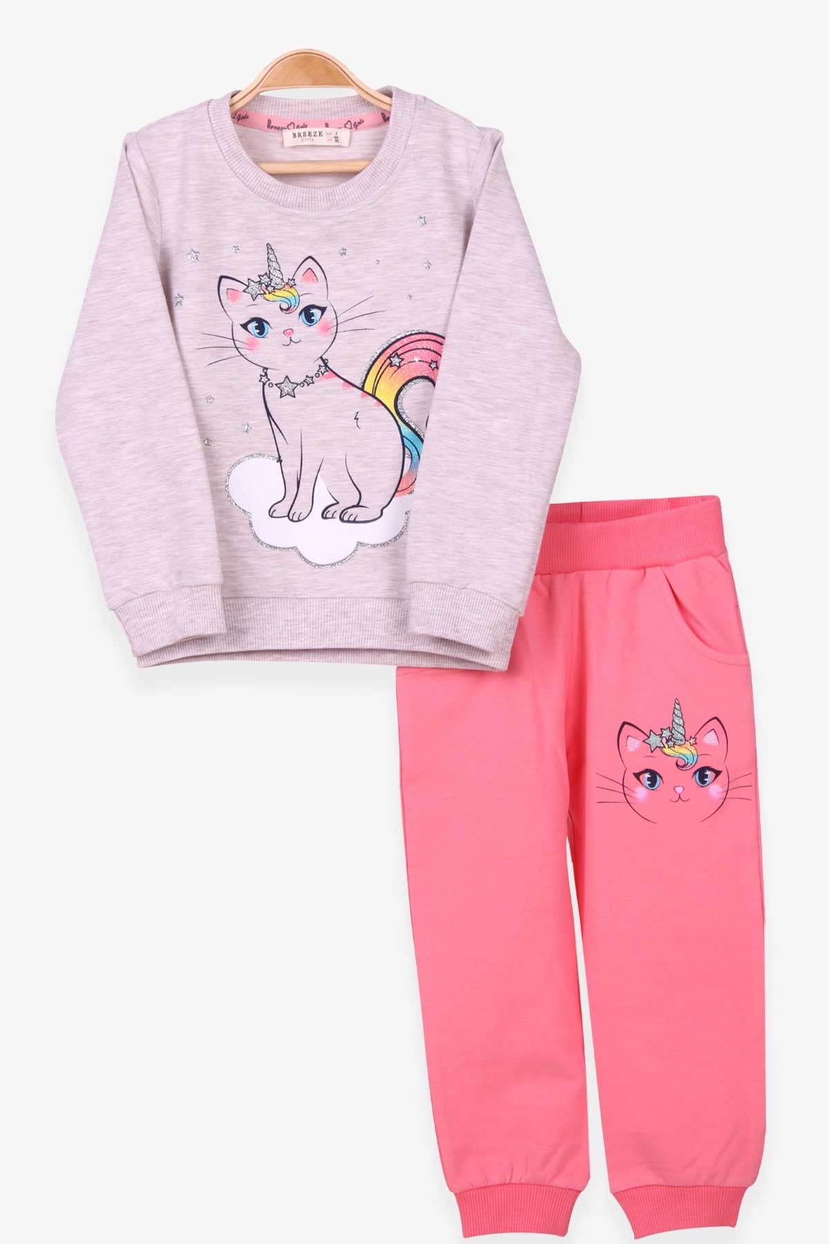 Breeze Kız Çocuk Eşofman Takımı Kedi Baskılı Bej Melanj (2-6 Yaş)