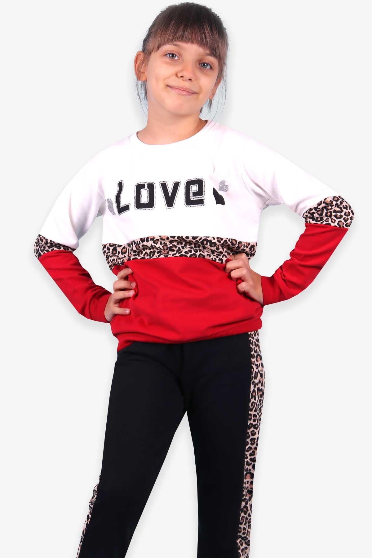 Breeze Kız Çocuk Eşofman Takımı Leoparlı Kırmızı (6-12 Yaş)