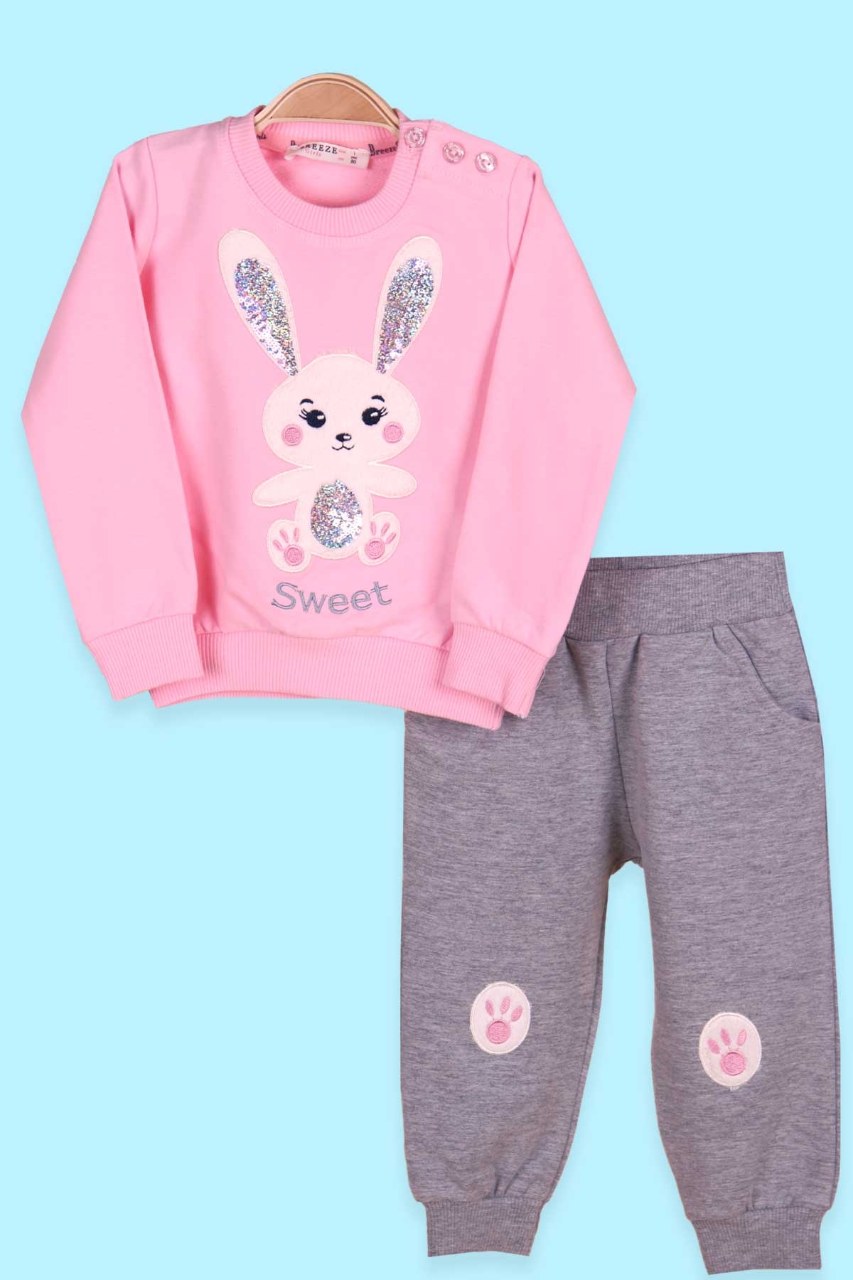 Breeze Kız Çocuk Eşofman Takımı Pullu Tavşanlı Pembe (1-4 Yaş)