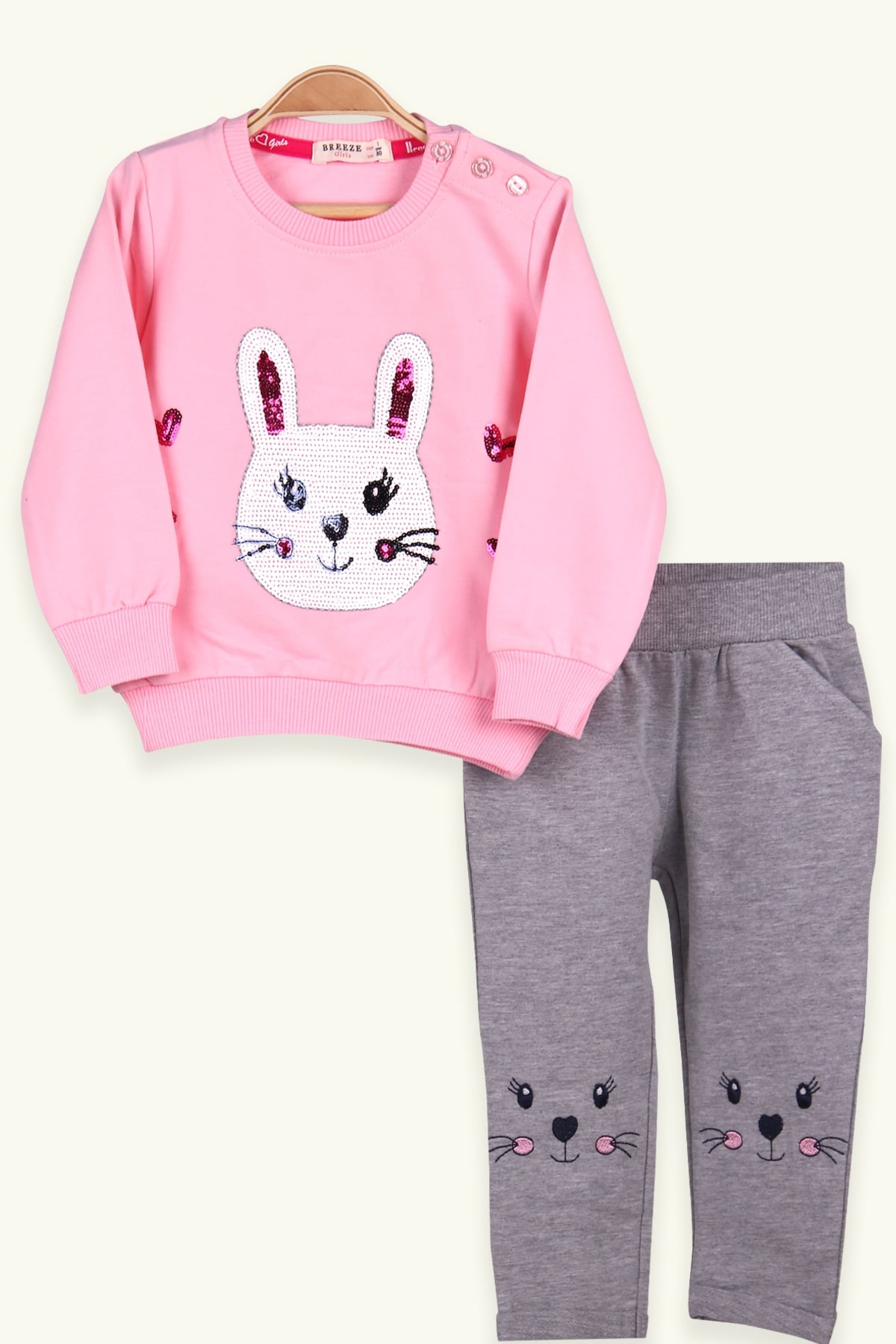 Breeze Kız Çocuk Eşofman Takımı Pullu Tavşanlı Pembe-Gri (1-4 Yaş)