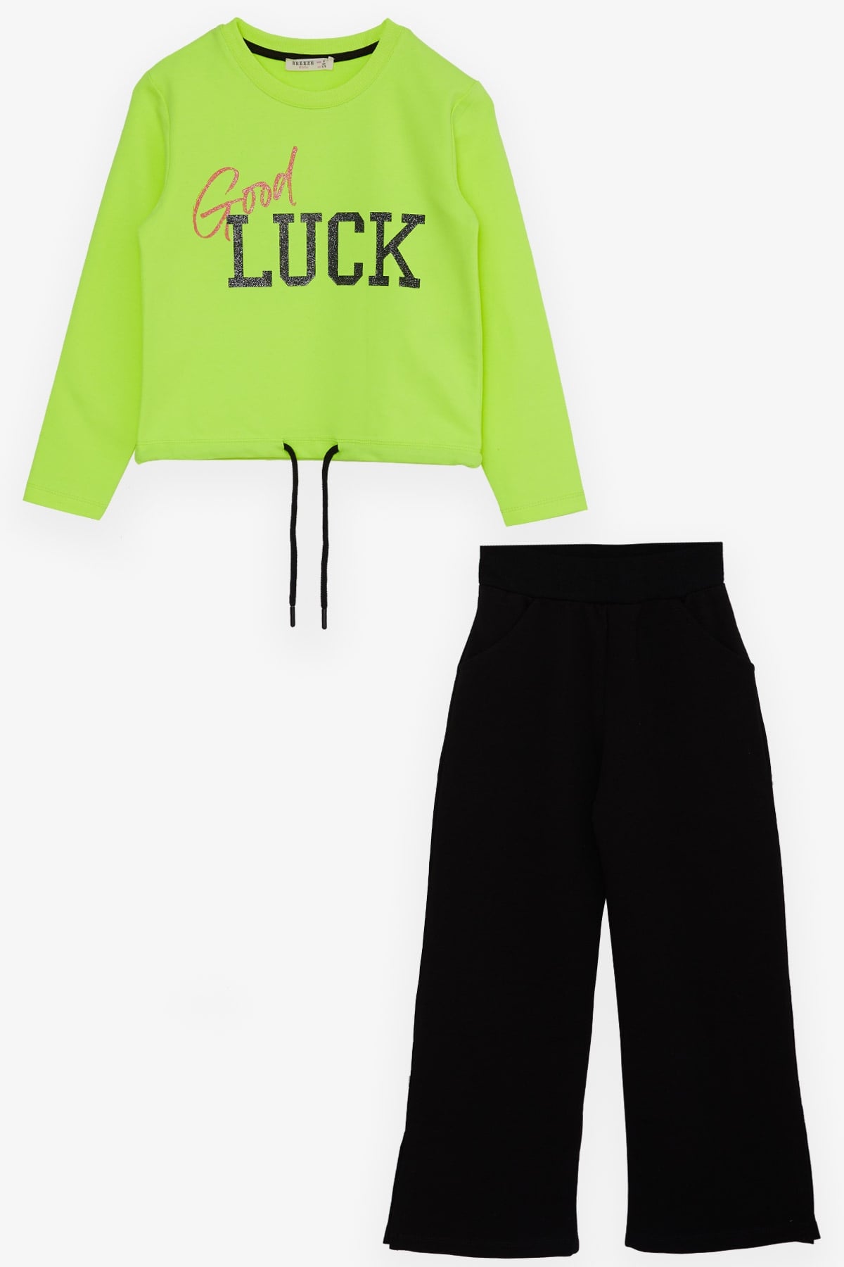 Breeze Kiz Çocuk Esofman Takimi Simli Yazi Baskili Neon Yesil (8-14 Yaş)
