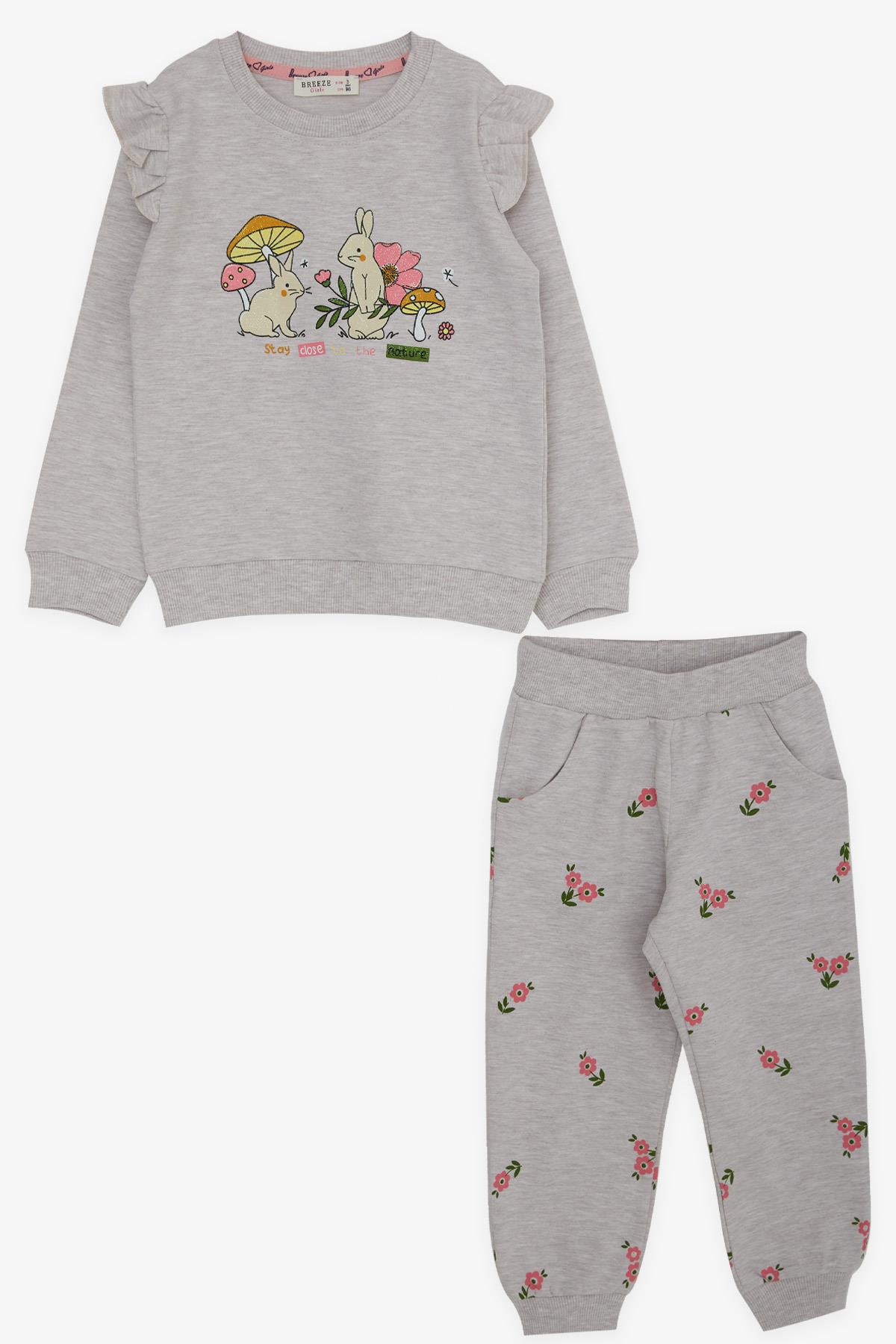 Breeze Kız Çocuk Eşofman Takımı Simli Tavşancık Baskılı Bej Melanj (1-4 Yaş)