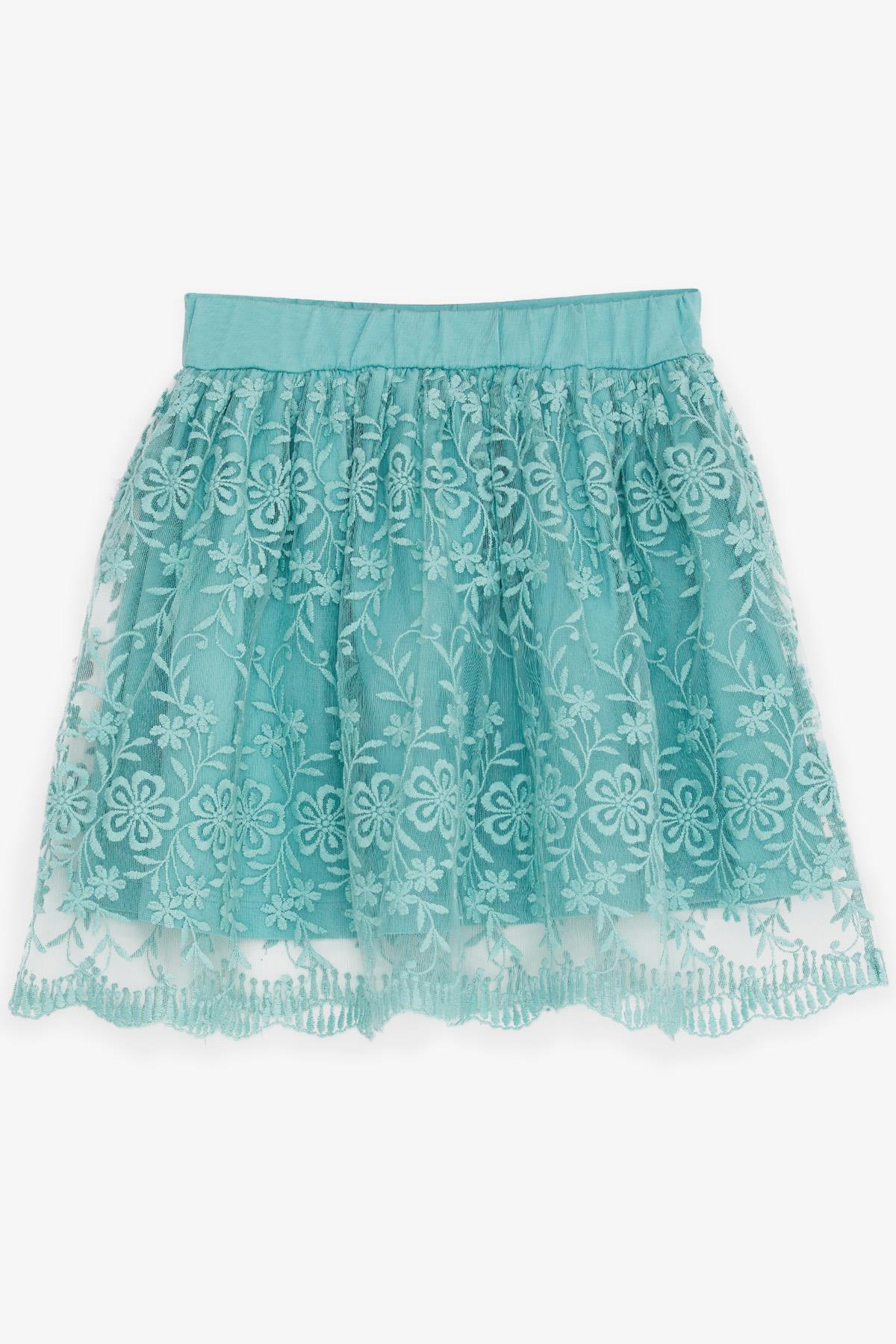 Breeze Kız Çocuk Etek Çiçek Nakışlı Tüllü Beli Lastikli Mint Yeşili (5-9 Yaş)