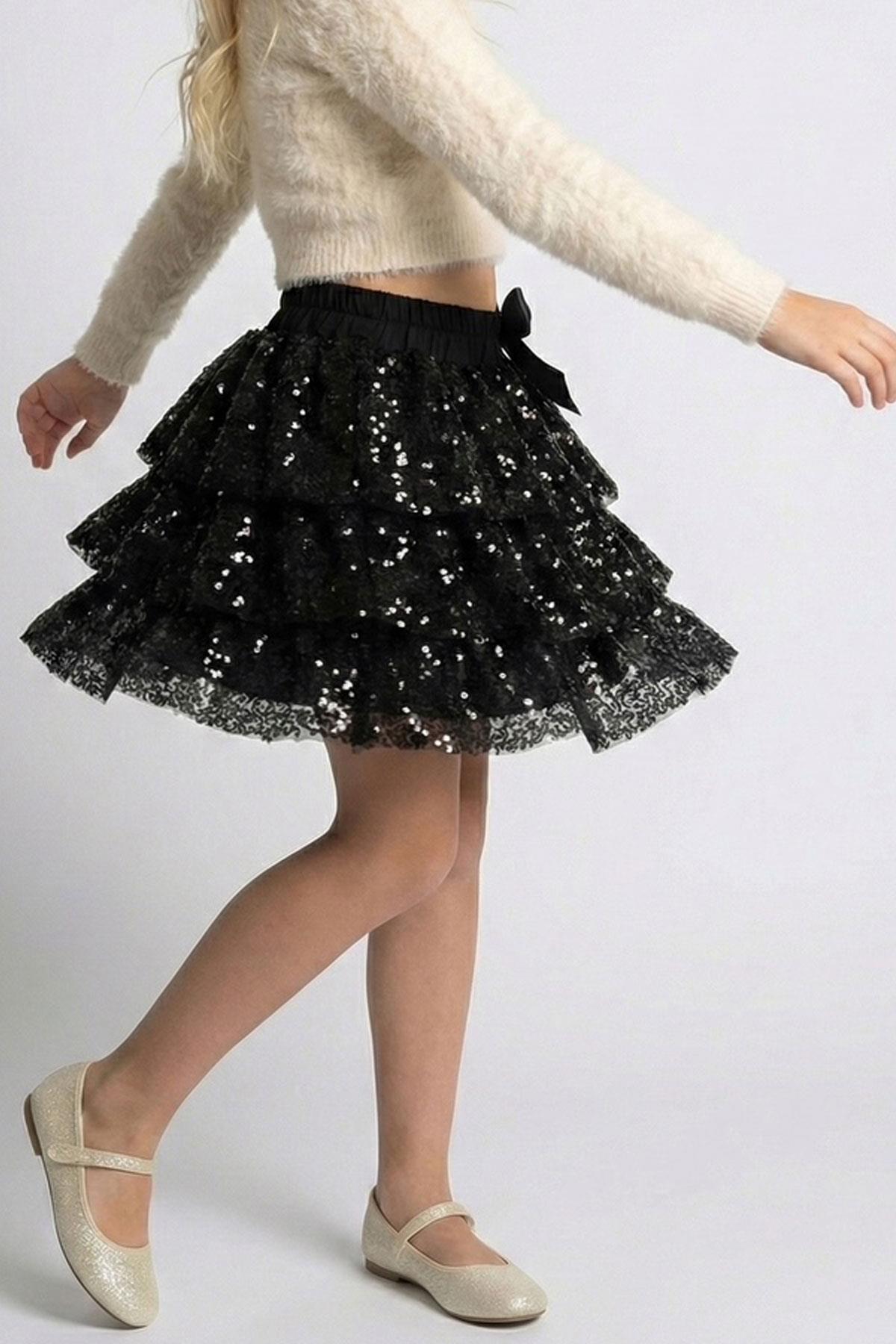 Breeze Kız Çocuk Etek Kat Kat Pul Payetli Fiyonk Aksesuarlı Siyah (5-10 Yaş)