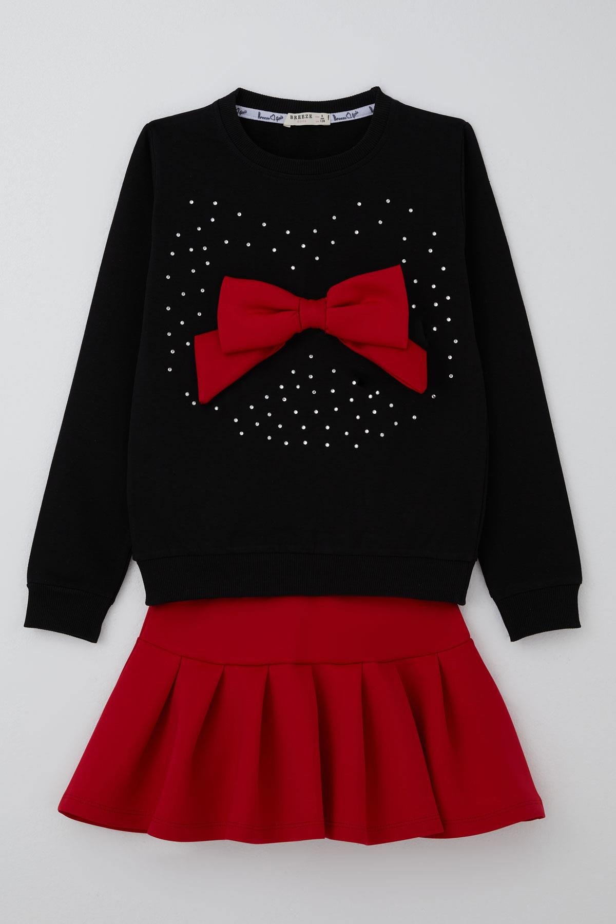 Breeze Kız Çocuk Etekli Takım Taş İşlemeli Fiyonk Aksesuarlı Siyah (6-12 Yaş)