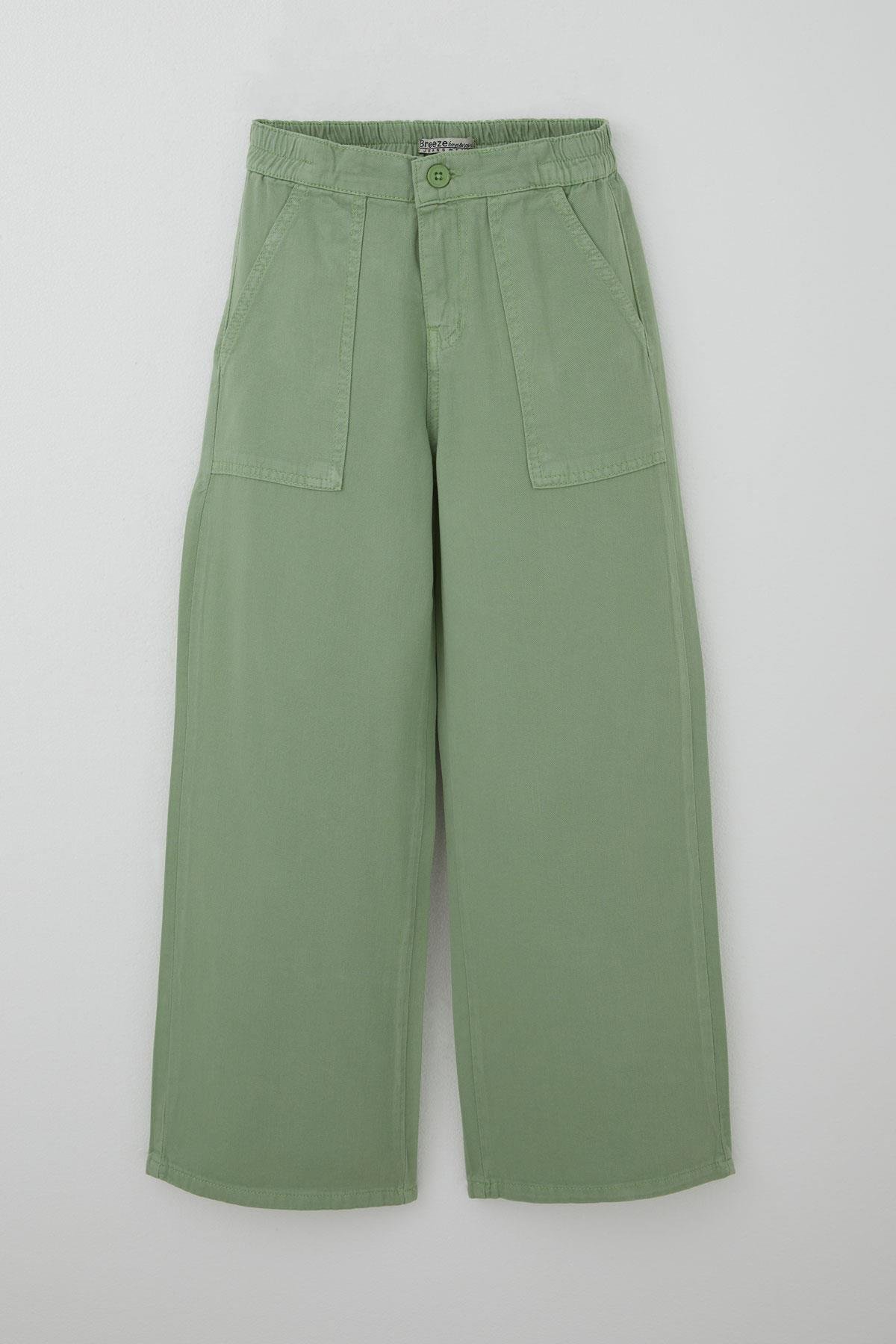 Breeze Kız Çocuk Gabardin Pantolon Geniş Paça Beli Lastikli Mint Yeşili (10-14 Yaş)