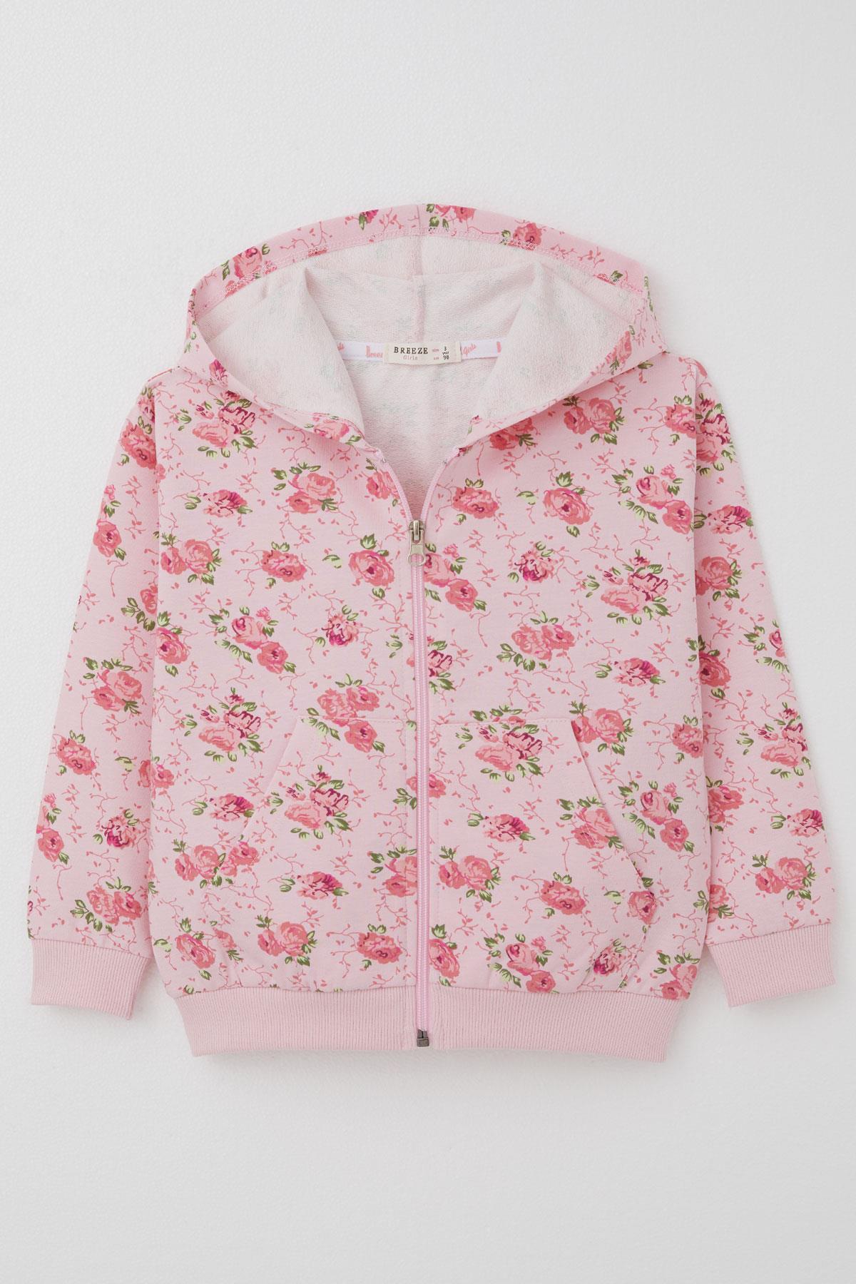 Breeze Kız Çocuk Hırka Çiçek Desenli Fermuarlı Kapüşonlu Pembe (1.5-5 Yaş)