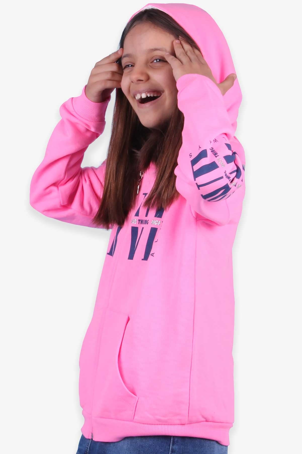 Breeze Kız Çocuk Hırka Kapüşonlu Baskılı Neon Pembe (8-12 Yaş)