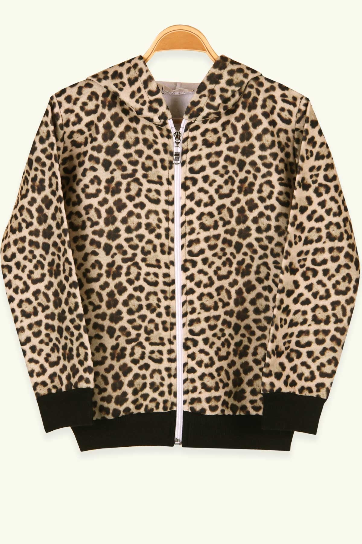 Breeze Kız Çocuk Hırka Kapüşonlu Leoparlı Krem (5-9 Yaş)