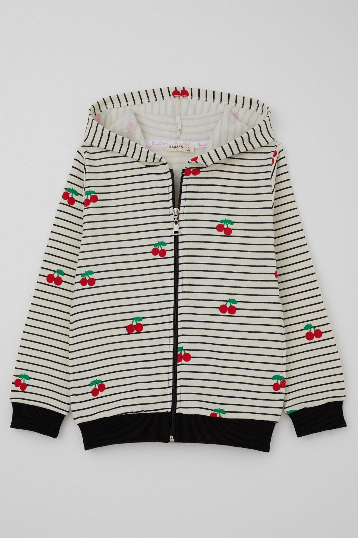 Breeze Kız Çocuk Hırka Kiraz Desenli Kapüşonlu Fermuarlı Ekru (4-8 Yaş)