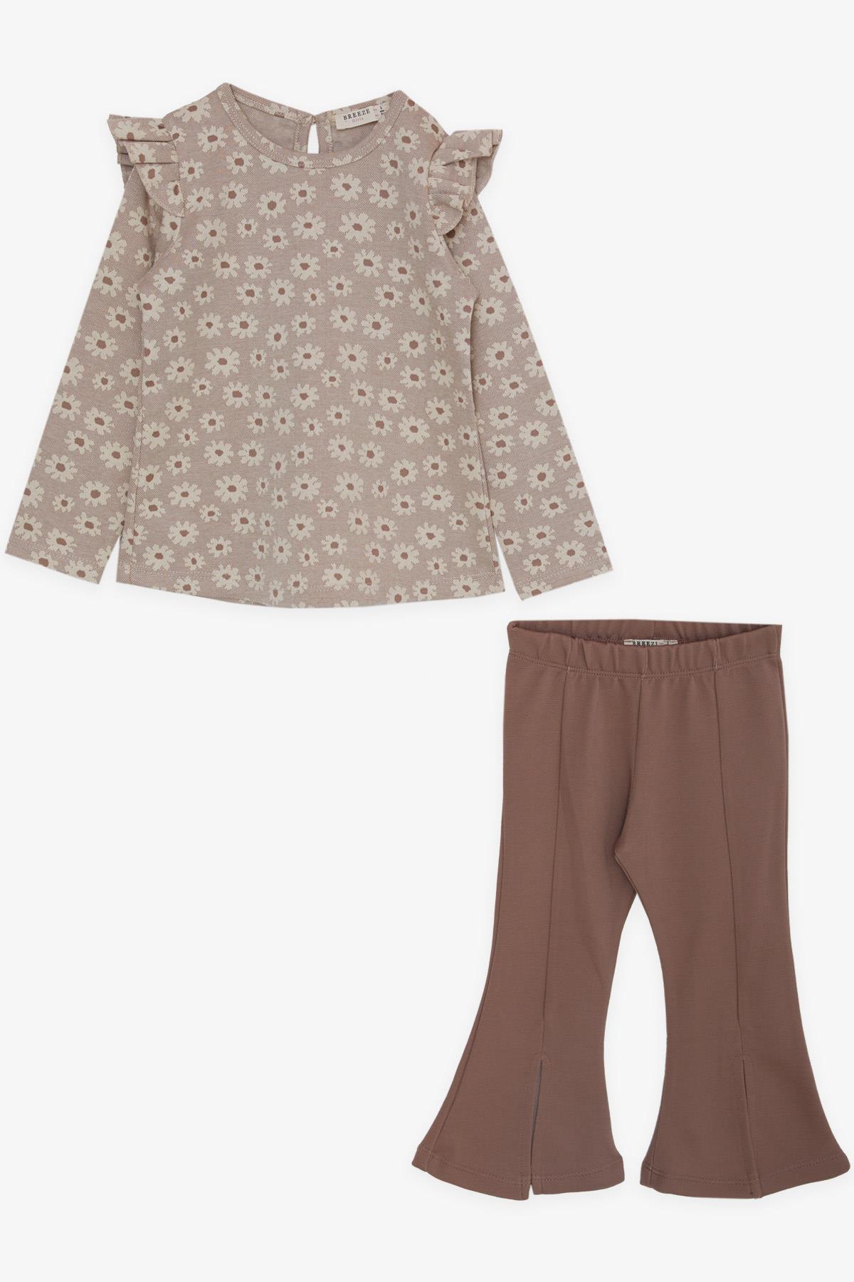 Breeze Kız Çocuk İspanyol Paça Taytlı Takım Omuzu Fırfırlı Çiçek Desenli Bej (2-6 Yaş)