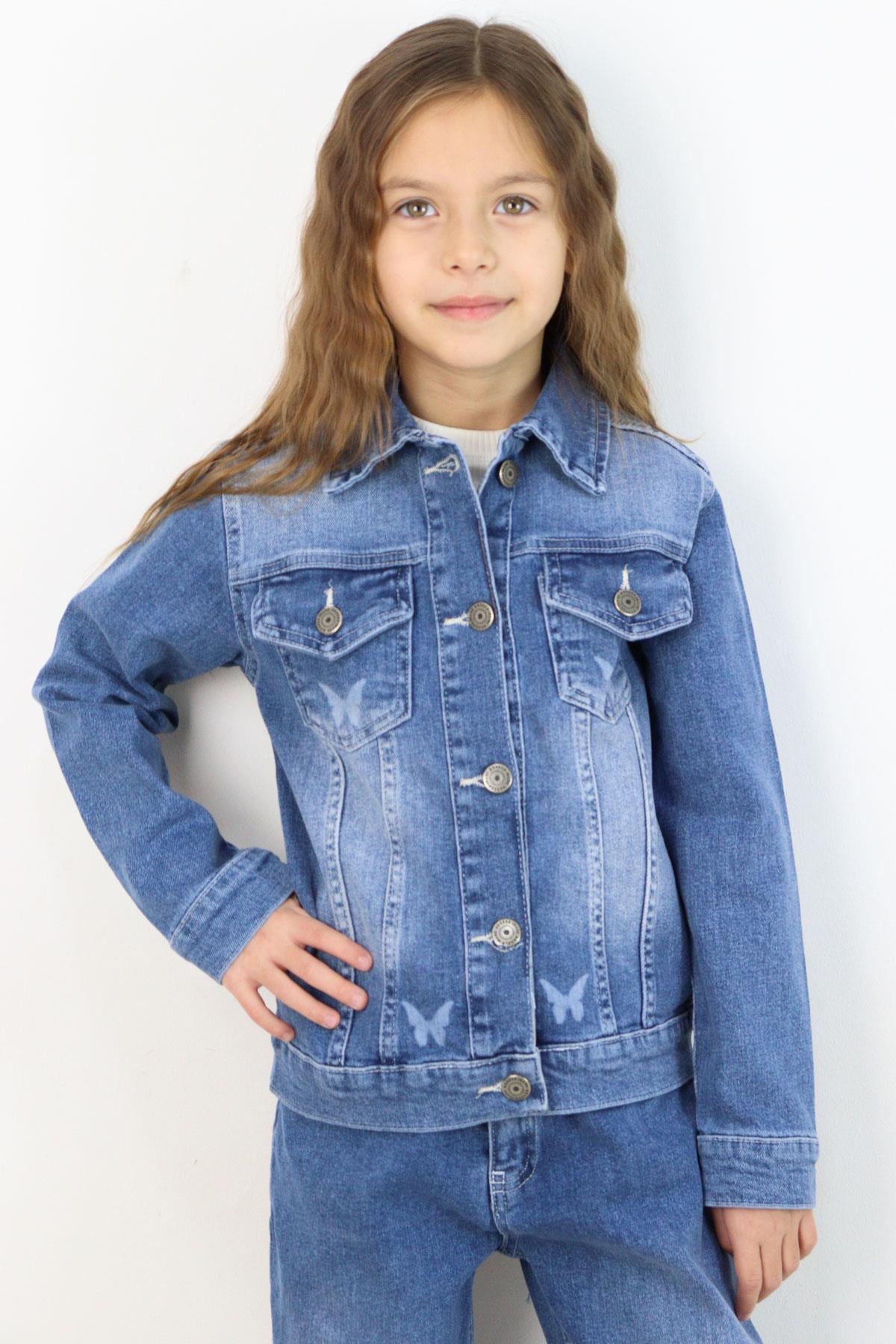 Breeze Kız Çocuk Jean Ceket Kelebek Baskı Detaylı Cepli Mavi (6-10 Yaş)