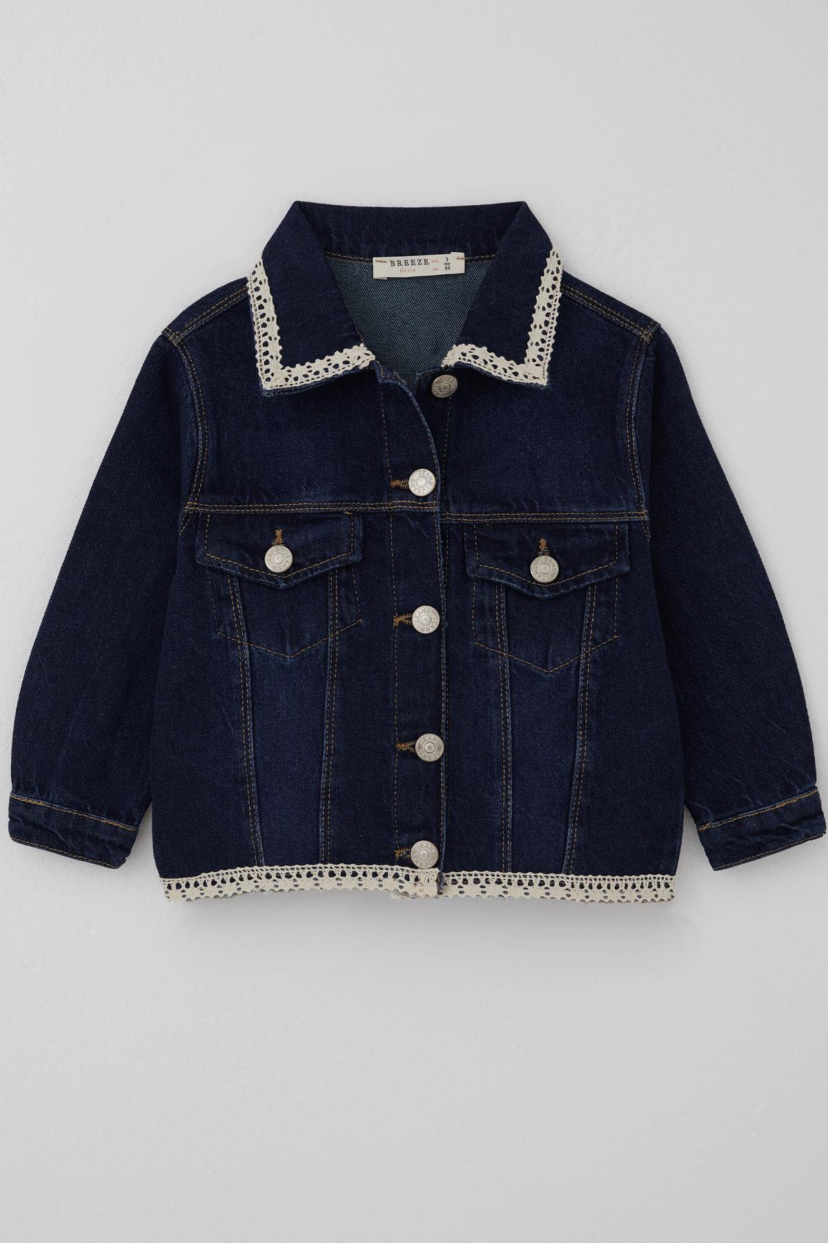 Breeze Kız Çocuk Jean Ceket Yaka & Alt Kısmı Güpür Cep Kapak Detaylı Koyu Mavi (3-7 Yaş)