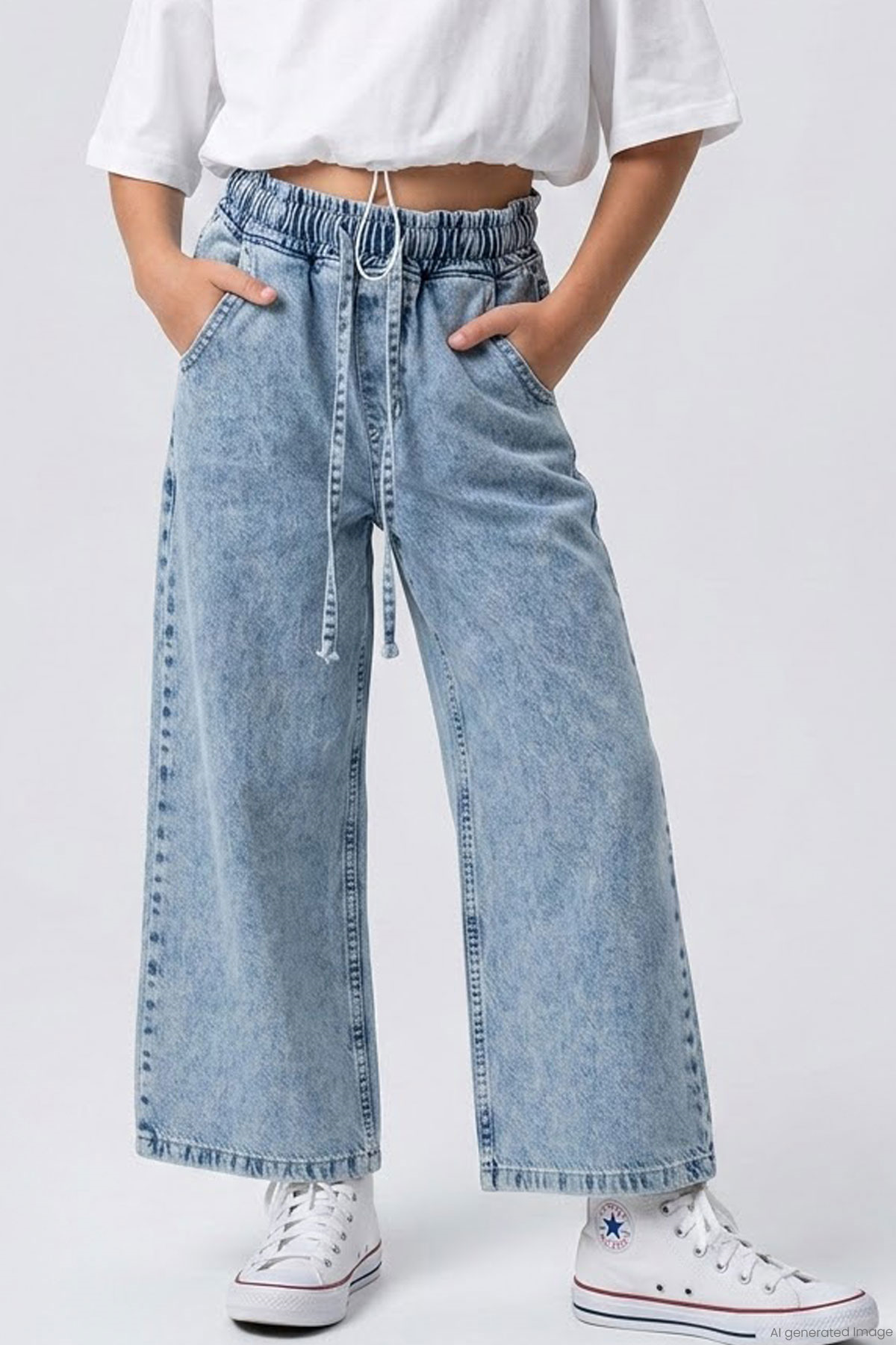 Breeze Kız Çocuk Jean Pantolon Bağcıklı Bel Kısmı Lastikli Açık Mavi (7-9 Yaş)