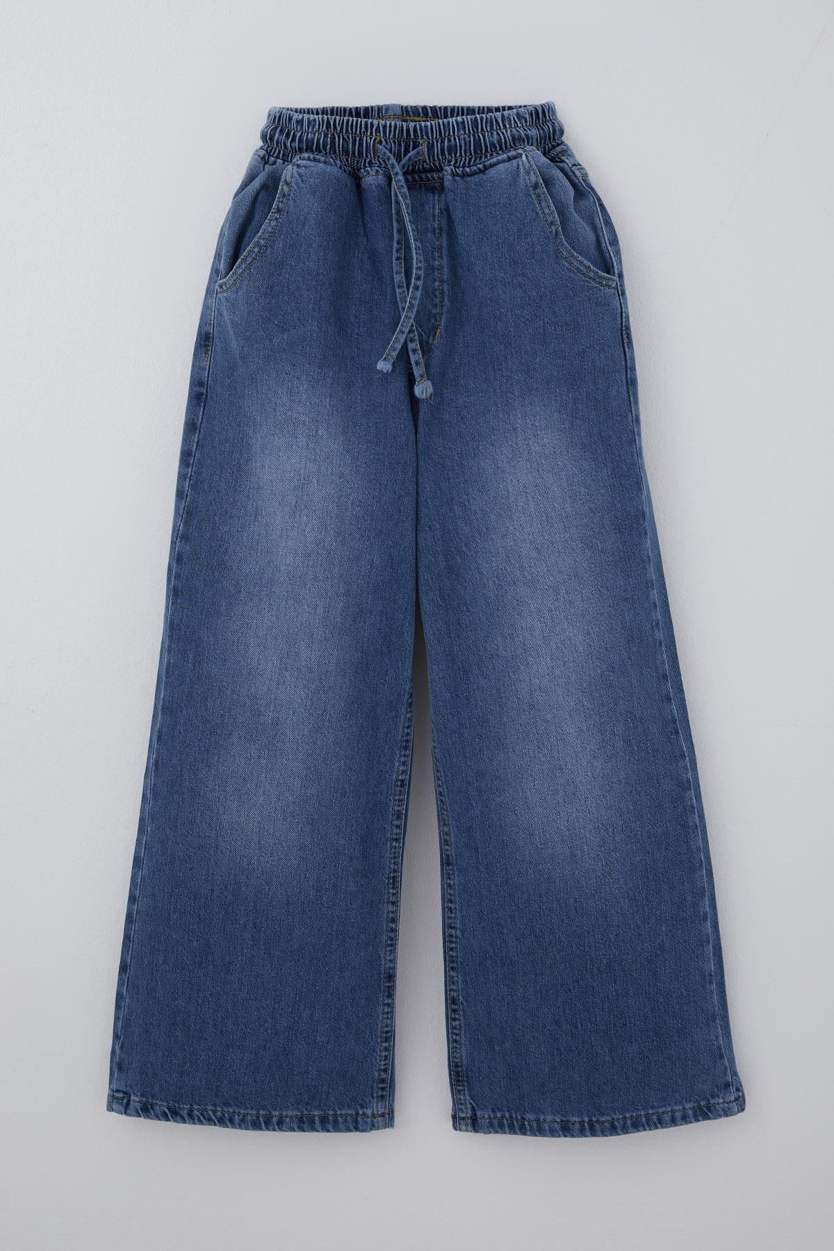 Breeze Kız Çocuk Jean Pantolon Bağcıklı Bel Kısmı Lastikli Mavi (7-12 Yaş)