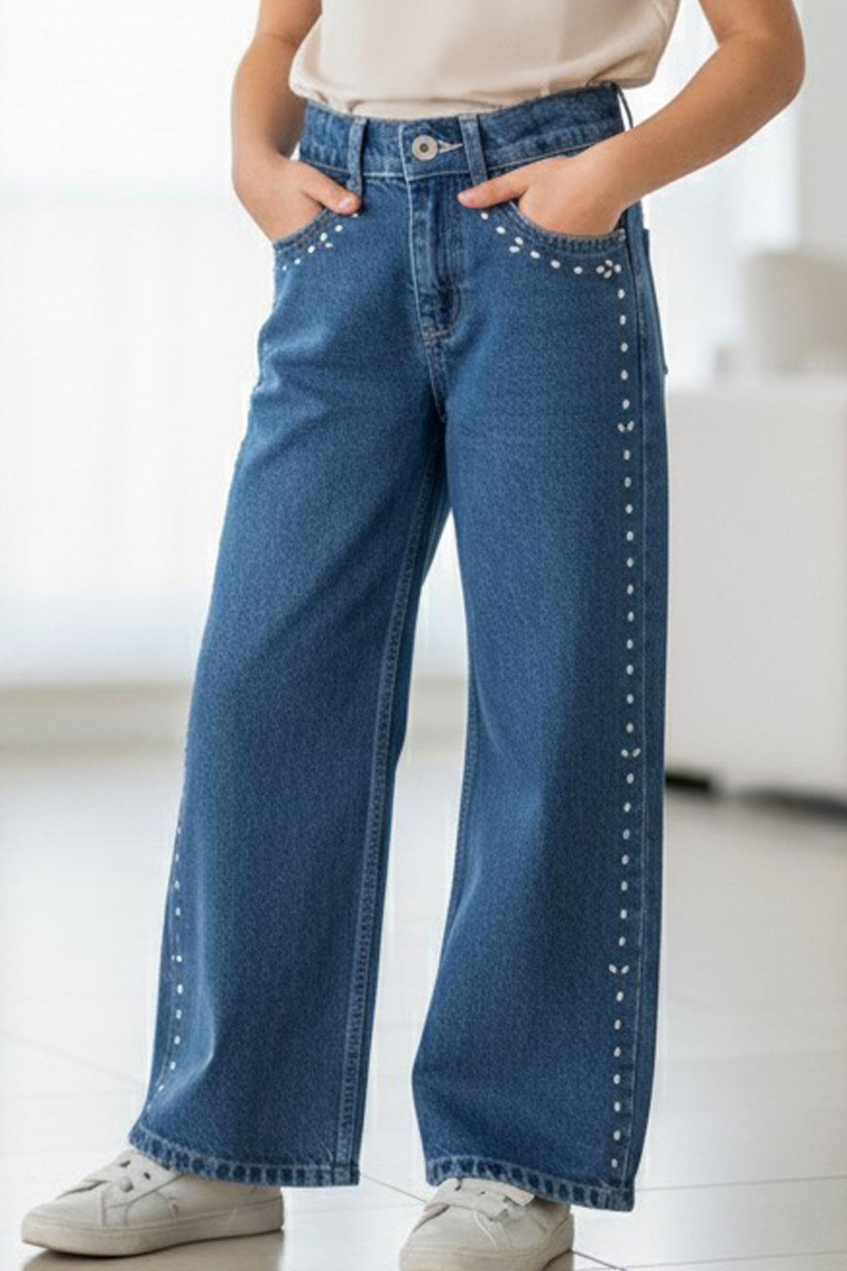 Breeze Kız Çocuk Jean Pantolon Damla Taş Aksesuarlı Mavi (10-14 Yaş)