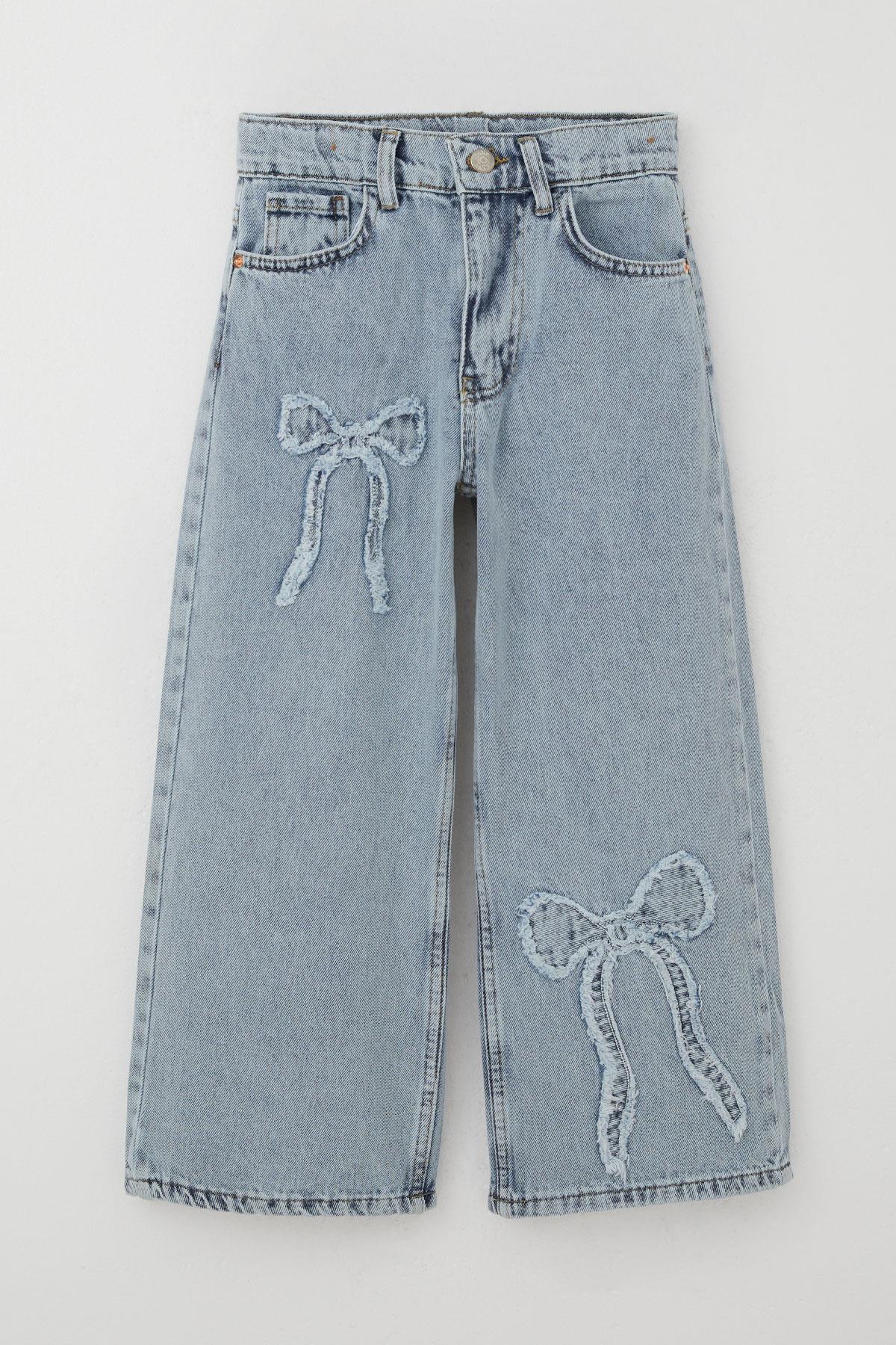 Breeze Kız Çocuk Jean Pantolon Fiyonk Nakışlı Geniş Paça Açık Mavi (8-14 Yaş)