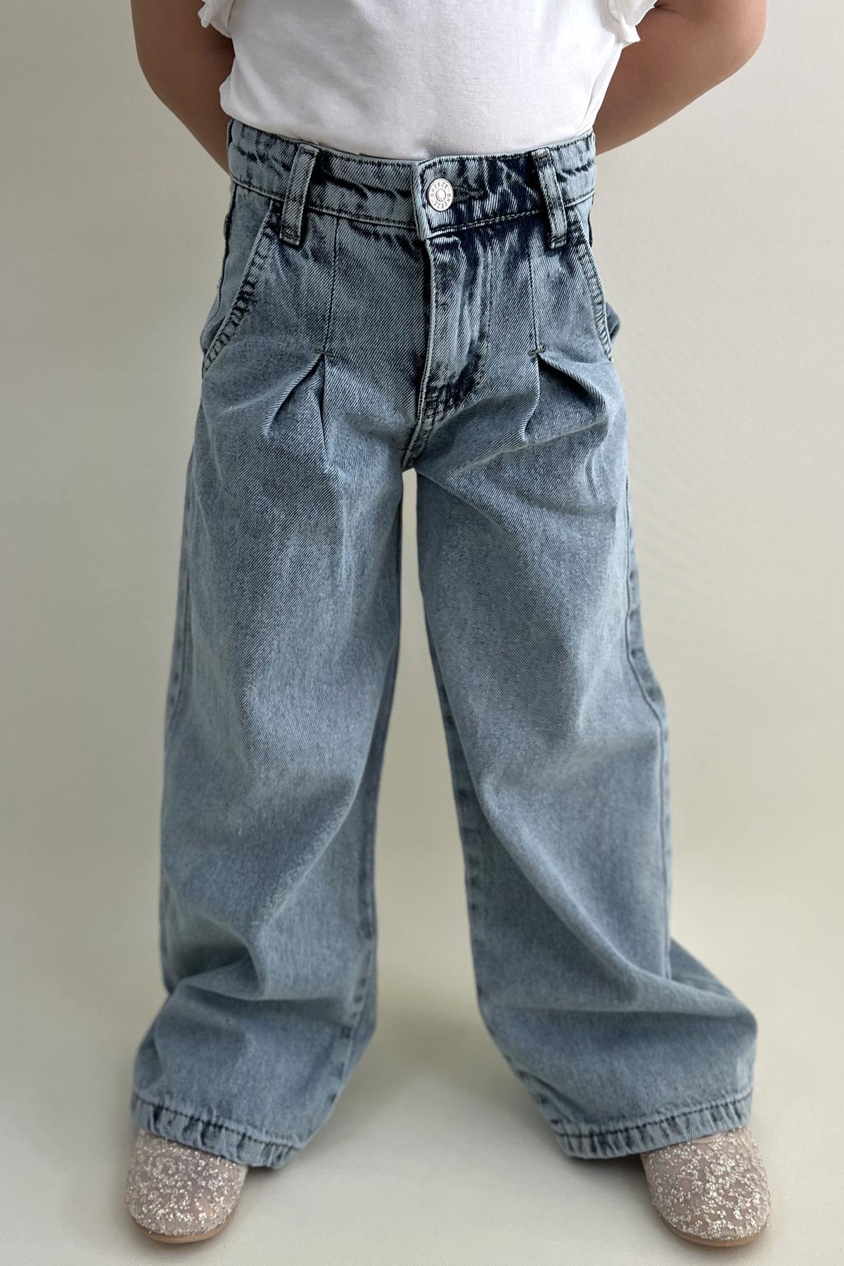 Breeze Kız Çocuk Jean Pantolon Geniş Paça Düğmeli Açık Mavi (5 Yaş)