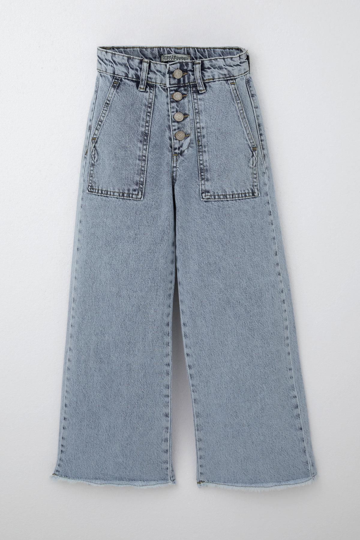 Breeze Kız Çocuk Jean Pantolon Geniş Paça Düğmeli Paçası Püskül Detaylı Açık Mavi (10-14 Yaş)