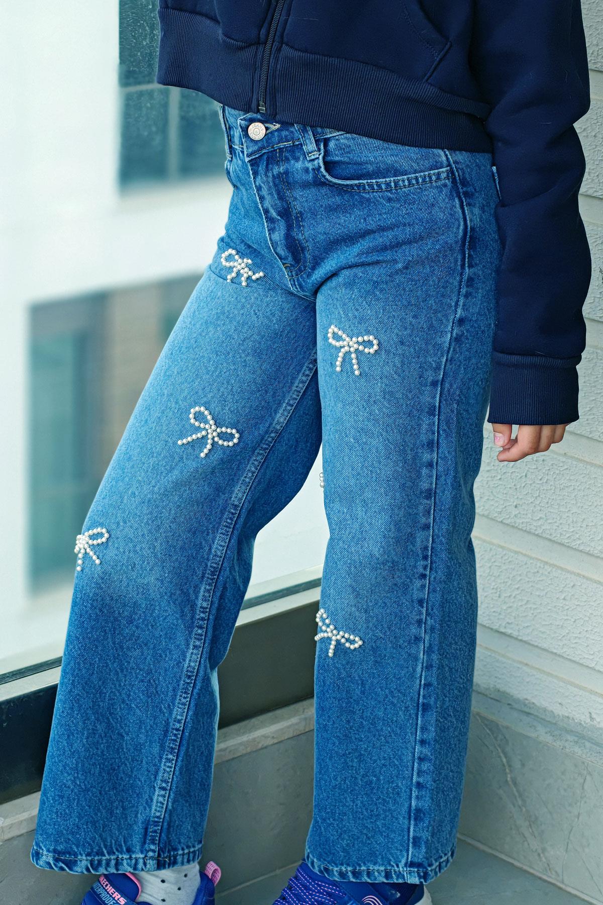Breeze Kız Çocuk Jean Pantolon İnci Detaylı Fiyonk İşlemeli Mavi (10-14 Yaş)