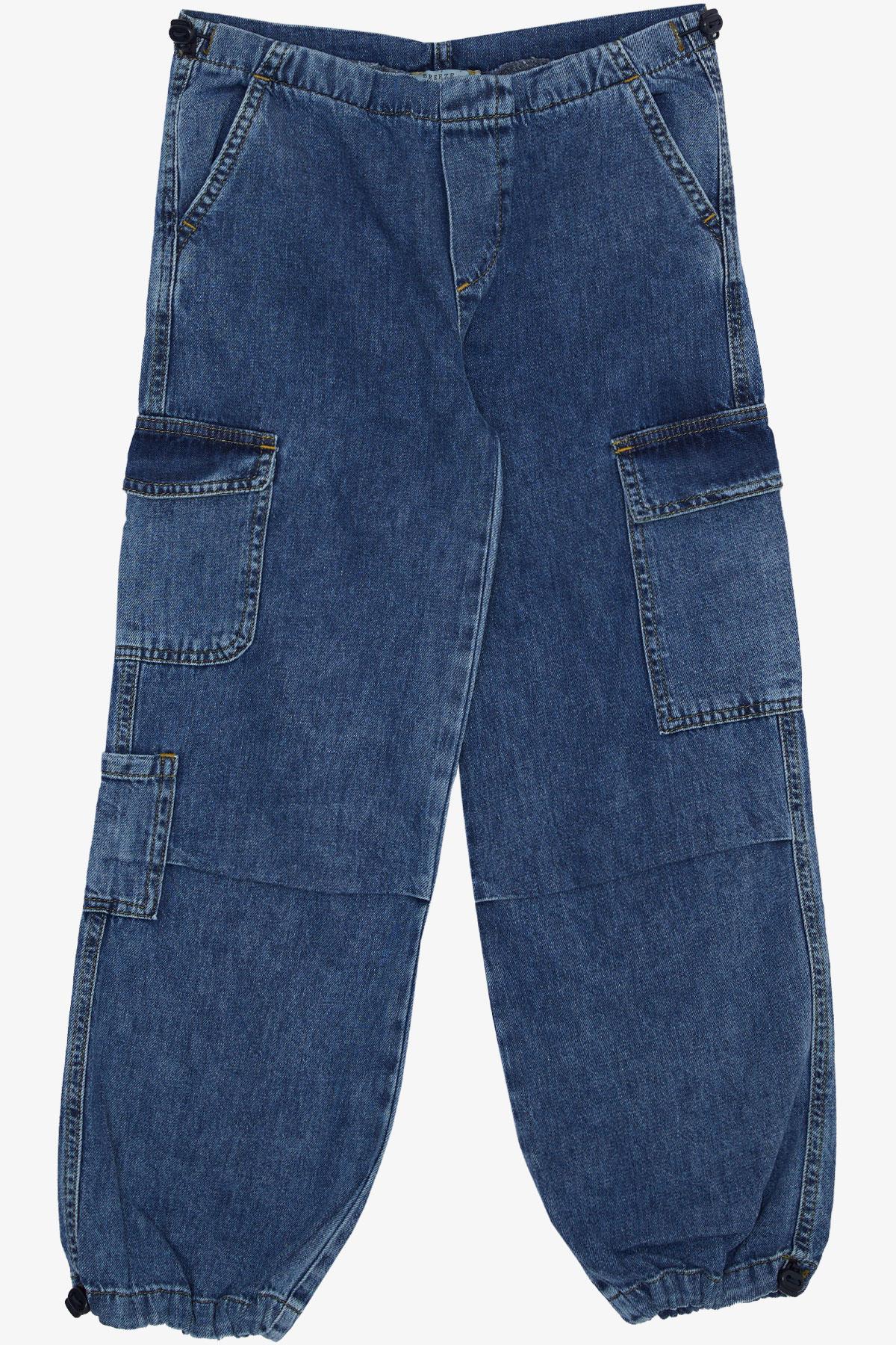 Breeze Kız Çocuk Jean Pantolon Kargo Cepli Beli Paçası Lastik Büzgü Mavi (9-14 Yaş)