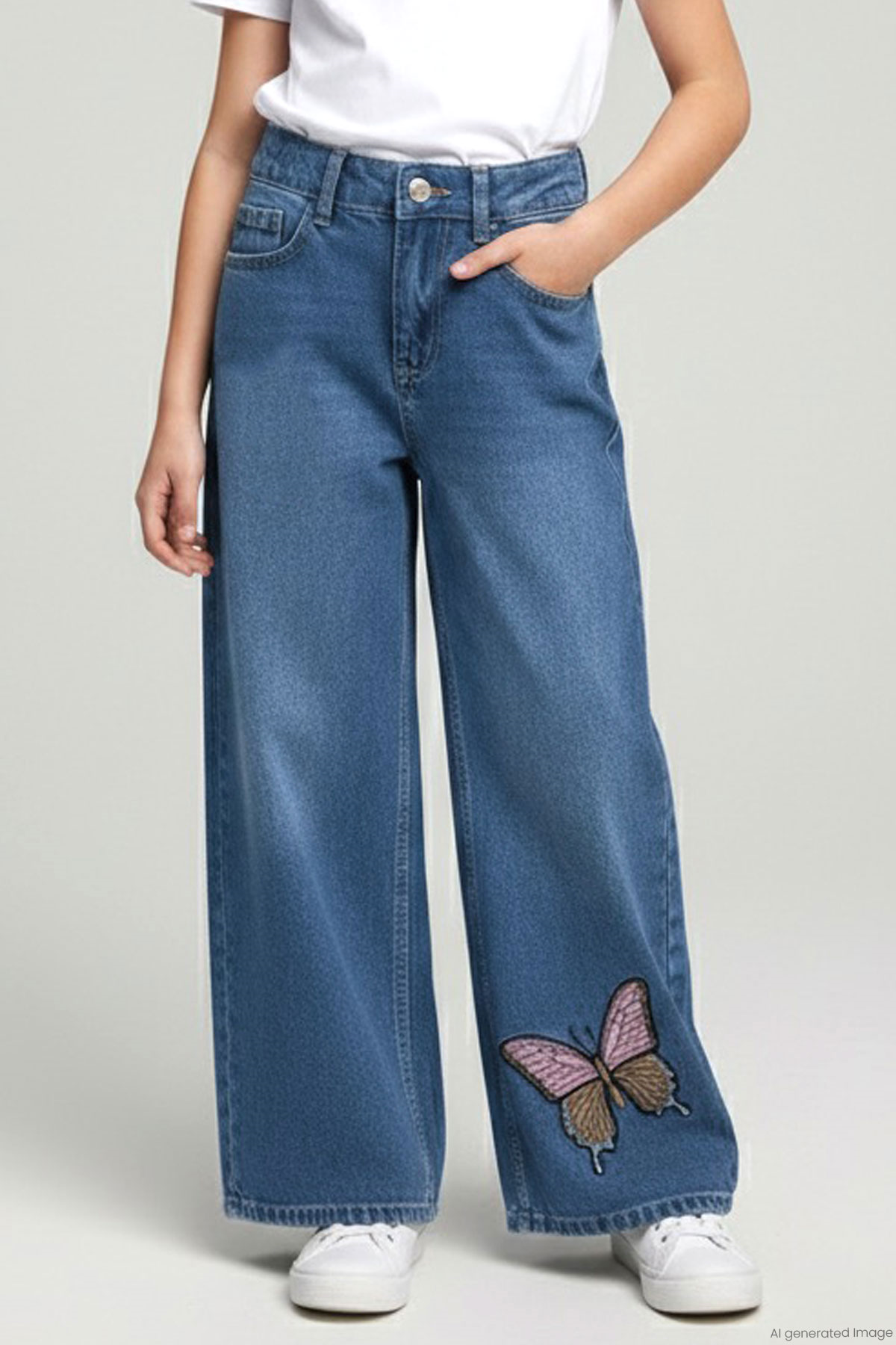 Breeze Kız Çocuk Jean Pantolon Kelebek Nakışlı Düğmeli Fermuarlı Mavi (11 Yaş)