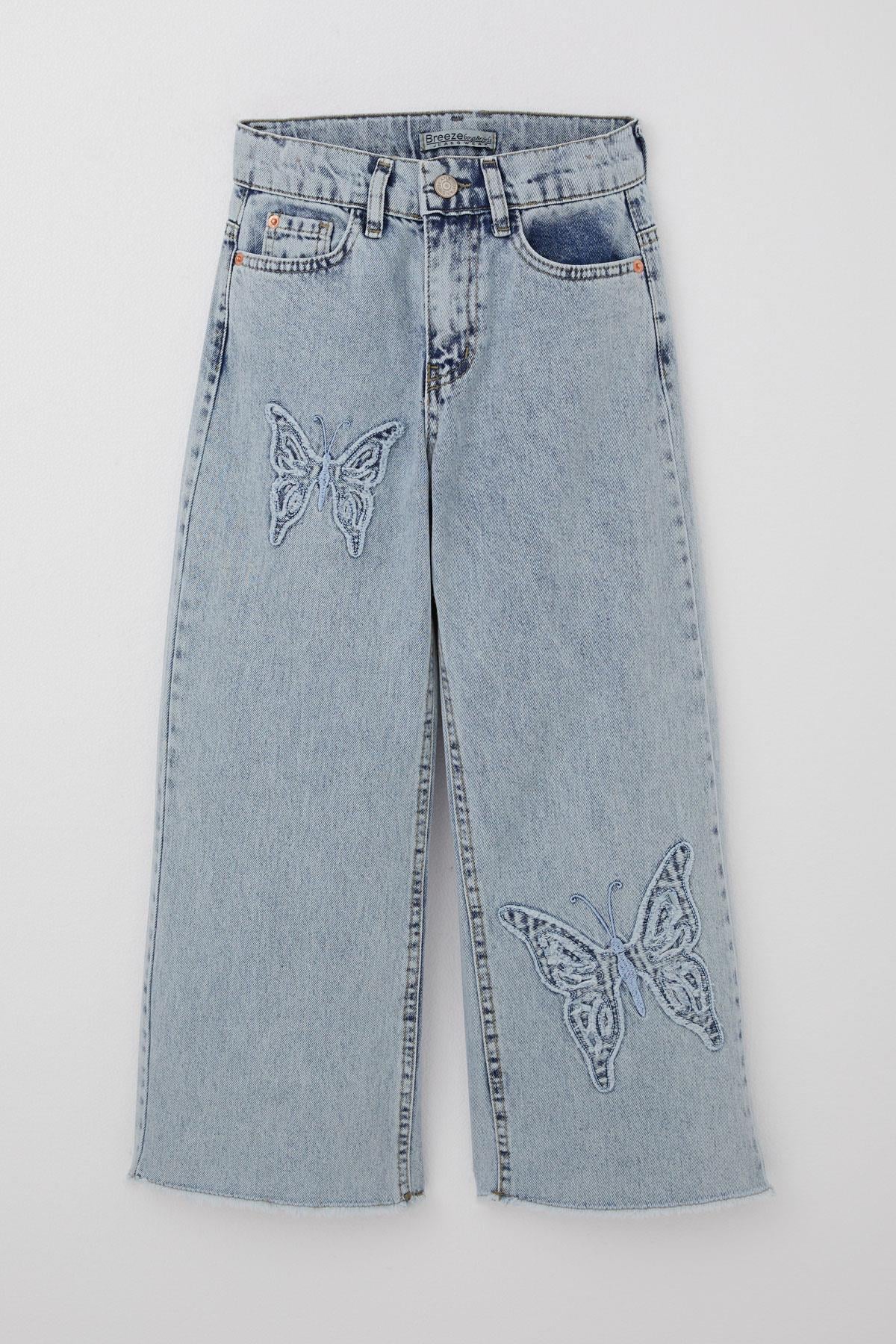 Breeze Kız Çocuk Jean Pantolon Kelebek Nakışlı Paçası Püsküllü Açık Mavi (8-14 Yaş)