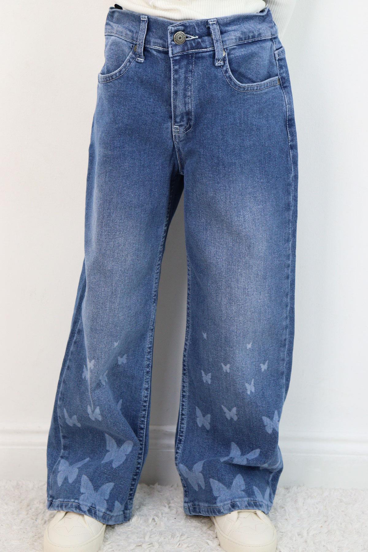 Breeze Kız Çocuk Jean Pantolon Paça Kısmı Kelebek Baskı Detaylı Mavi (6-12 Yaş)