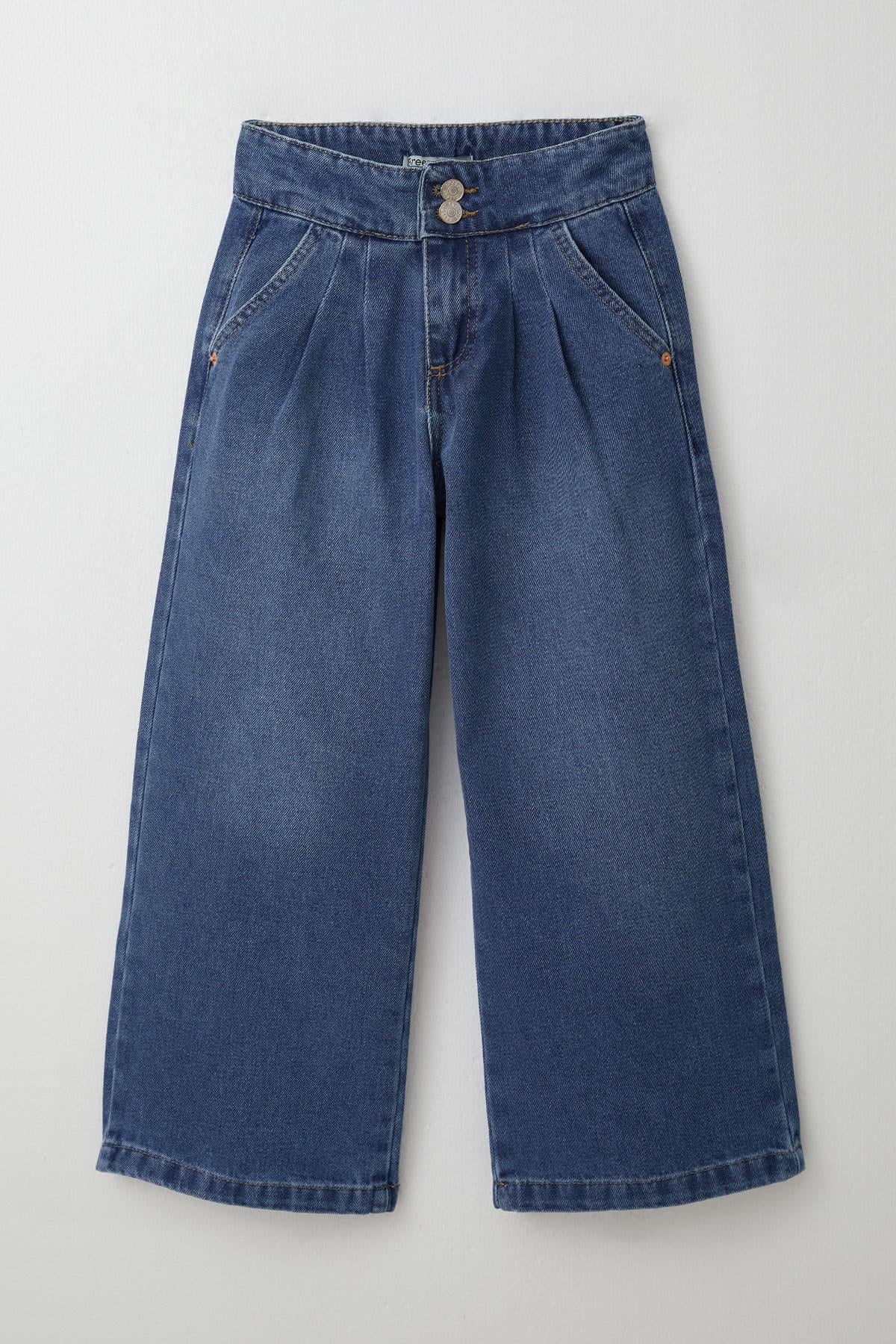 Breeze Kız Çocuk Jean Pantolon Pileli Geniş Paça Mavi (5-9 Yaş)