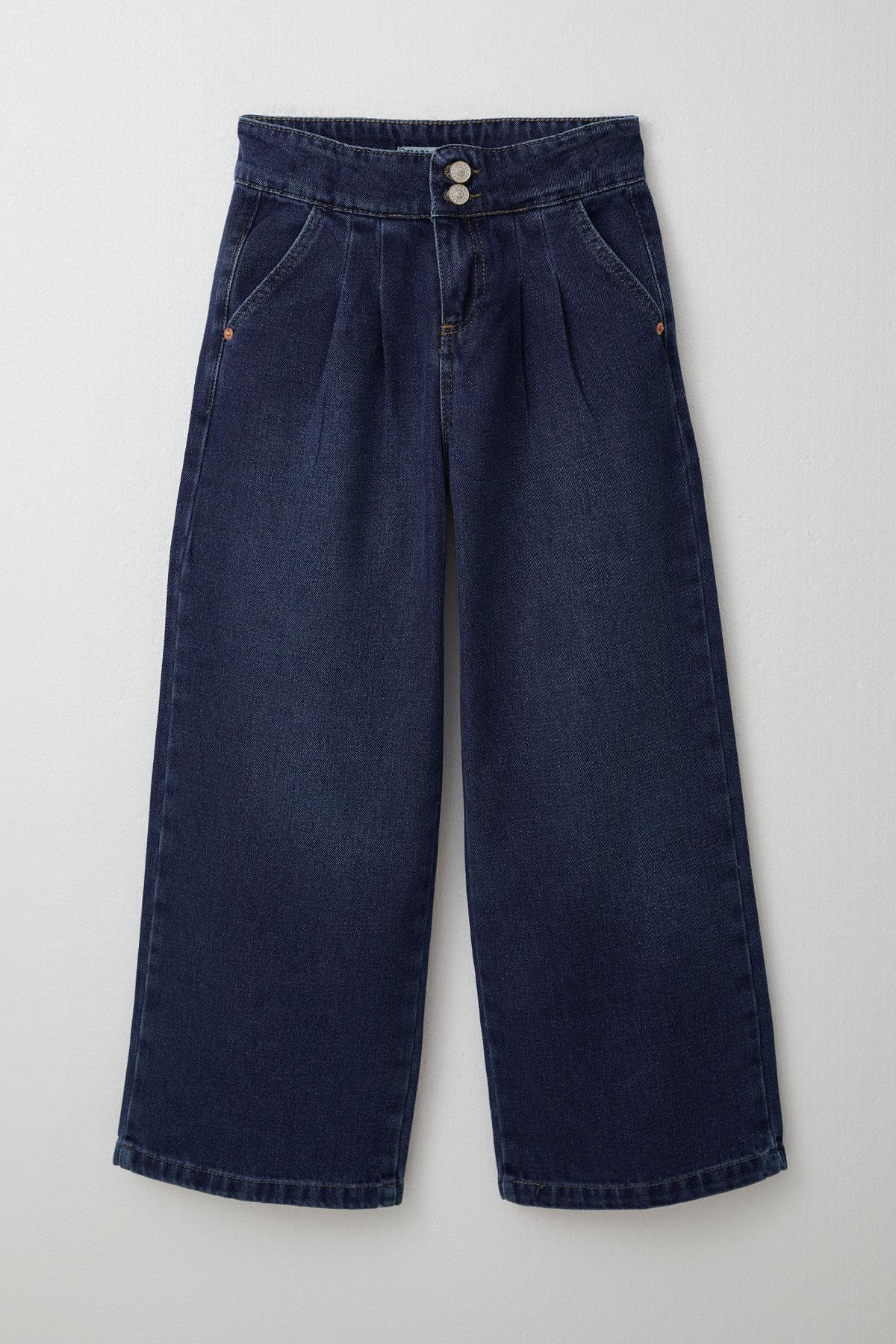 Breeze Kız Çocuk Jean Pantolon Pileli Geniş Paça Koyu Mavi (10-14 Yaş)