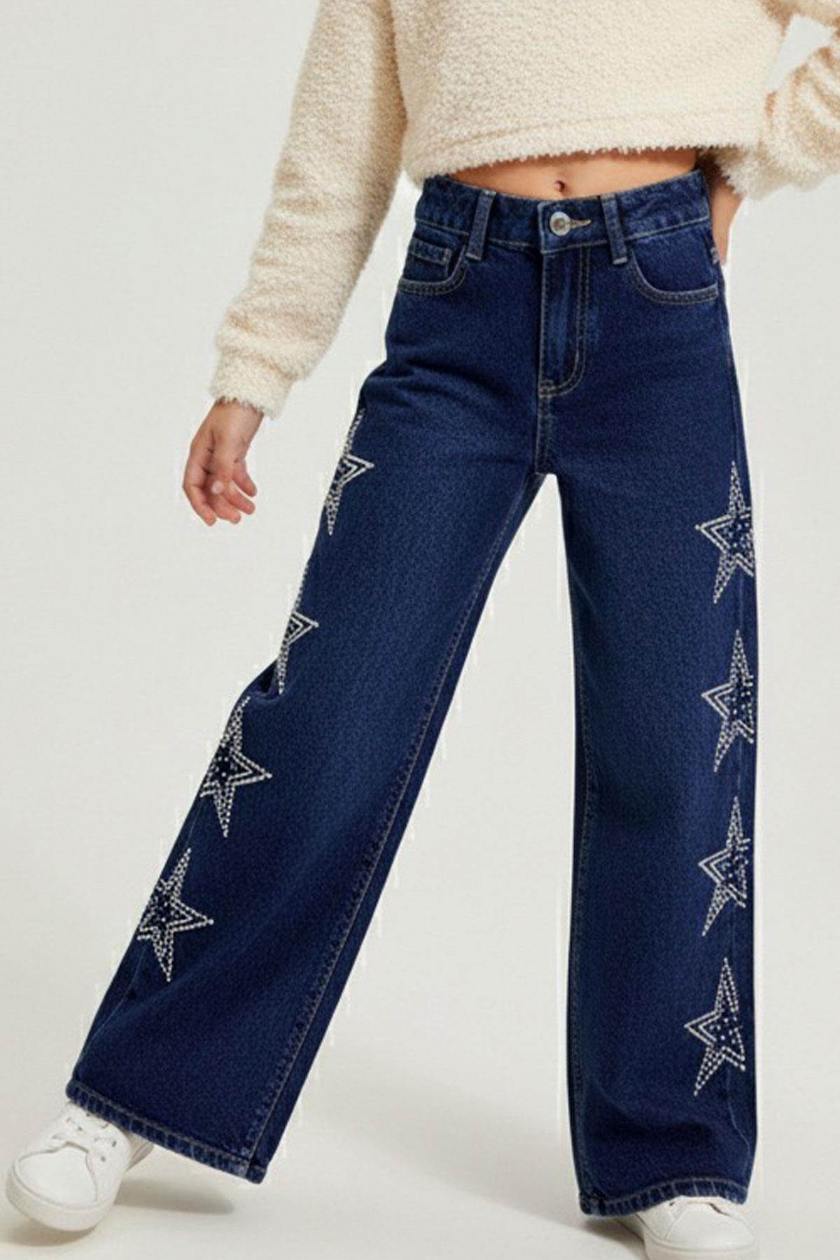 Breeze Kız Çocuk Jean Pantolon Taşlı Yıldız Baskılı Koyu Mavi (10-14 Yaş)