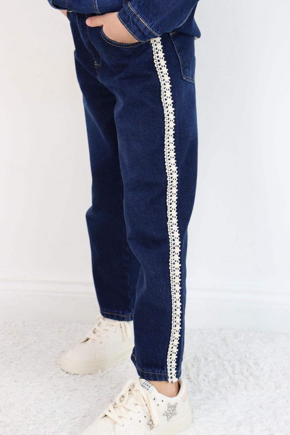 Breeze Kız Çocuk Jean Pantolon Yanları Şerit Güpür Detaylı Koyu Mavi (3-7 Yaş)