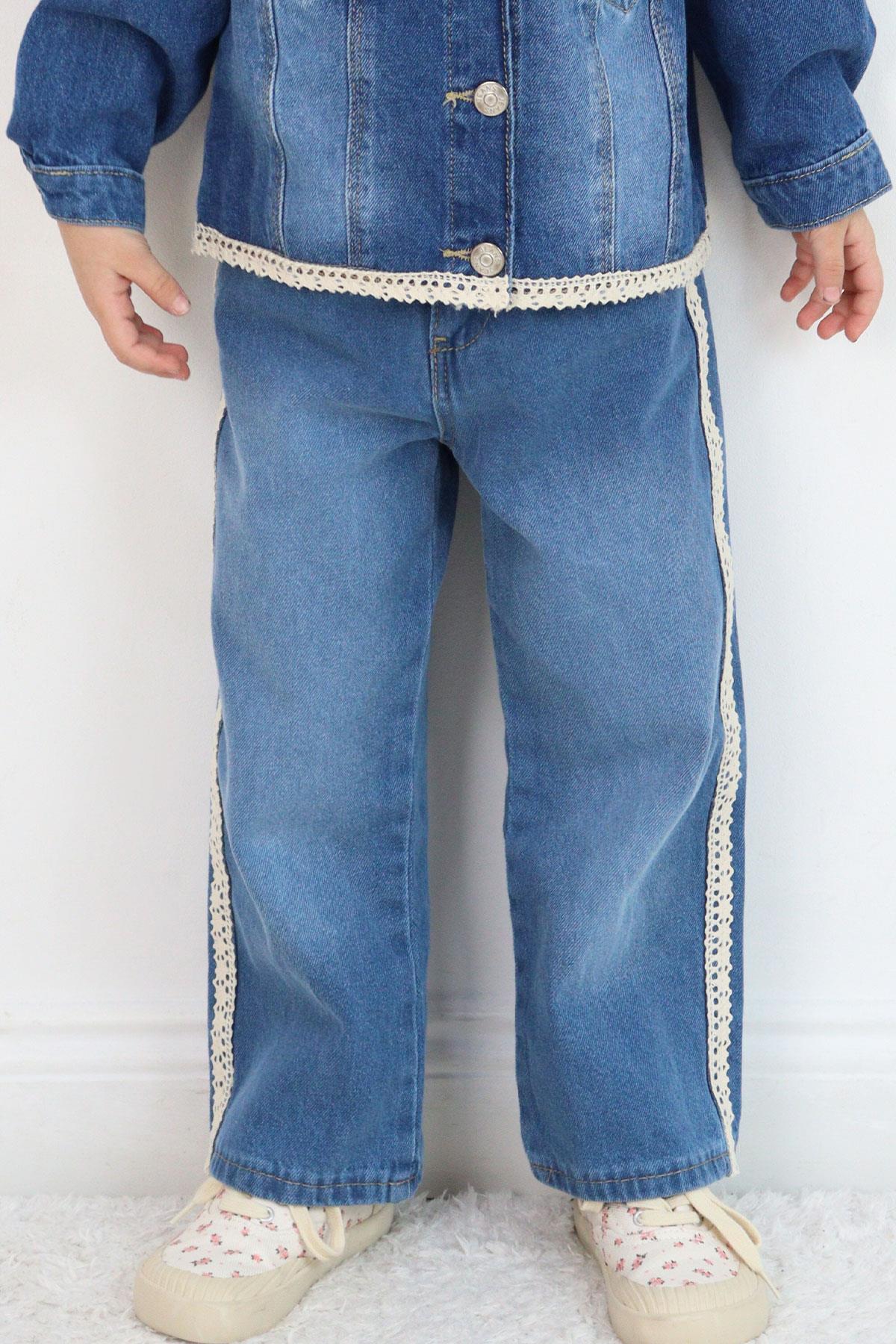 Breeze Kız Çocuk Jean Pantolon Yanları Şerit Güpür Detaylı Mavi (3-7 Yaş)