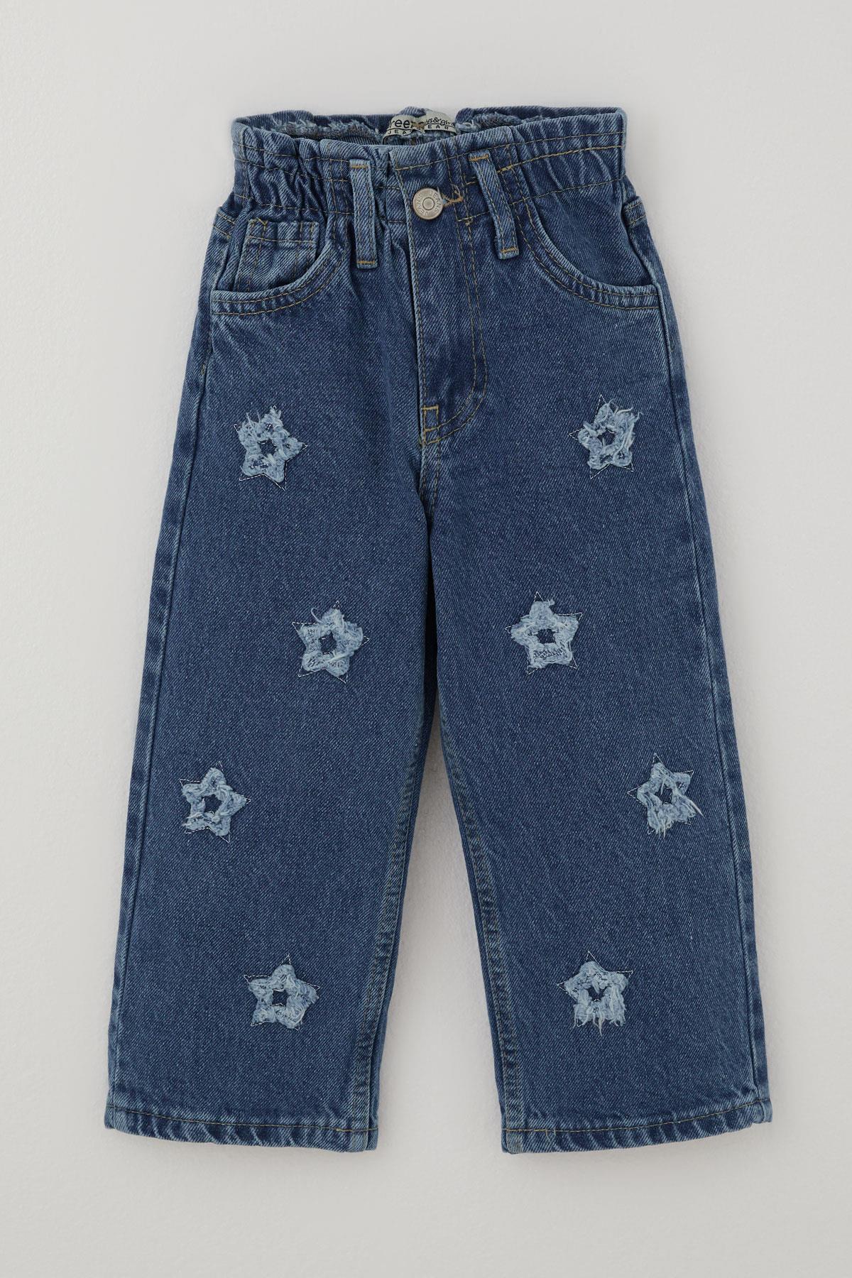 Breeze Kız Çocuk Jean Pantolon Yıldız Nakışlı Beli Lastikli Düğmeli Mavi (1.5-5 Yaş)