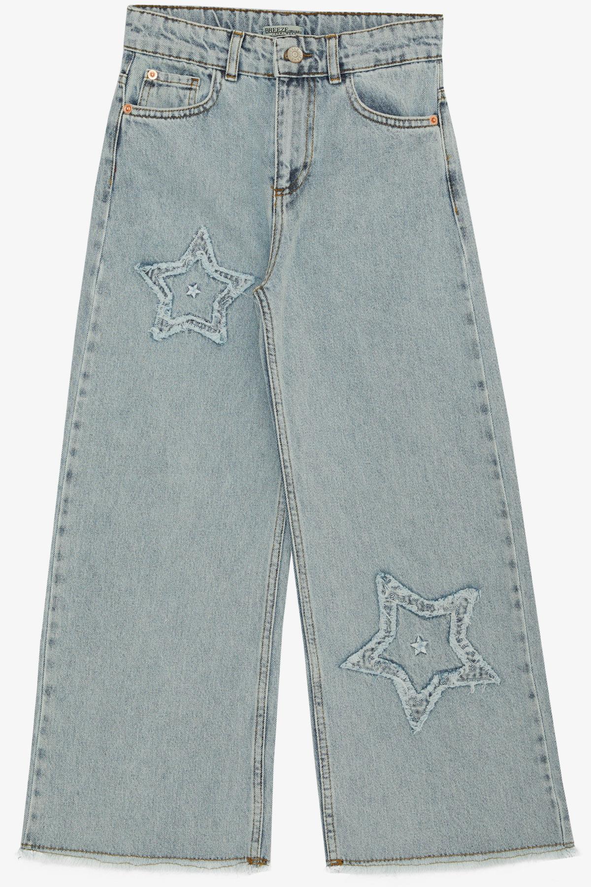 Breeze Kız Çocuk Jean Pantolon Yıldız Nakışlı Açık Mavi (8-14 Yaş)