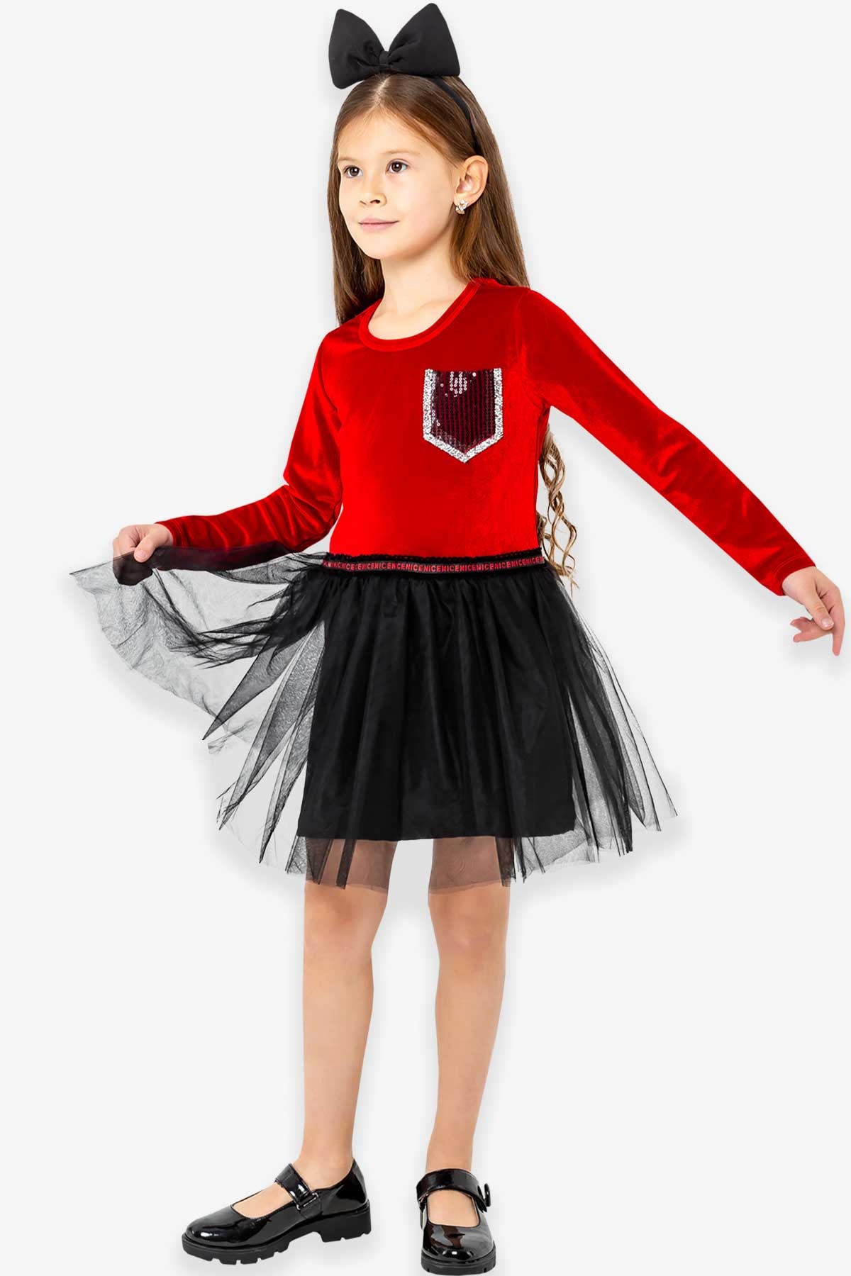 Kız Çocuk Kadife Elbise Cep Detaylı Taşlı Kırmızı 6-12 Yaş - Breeze