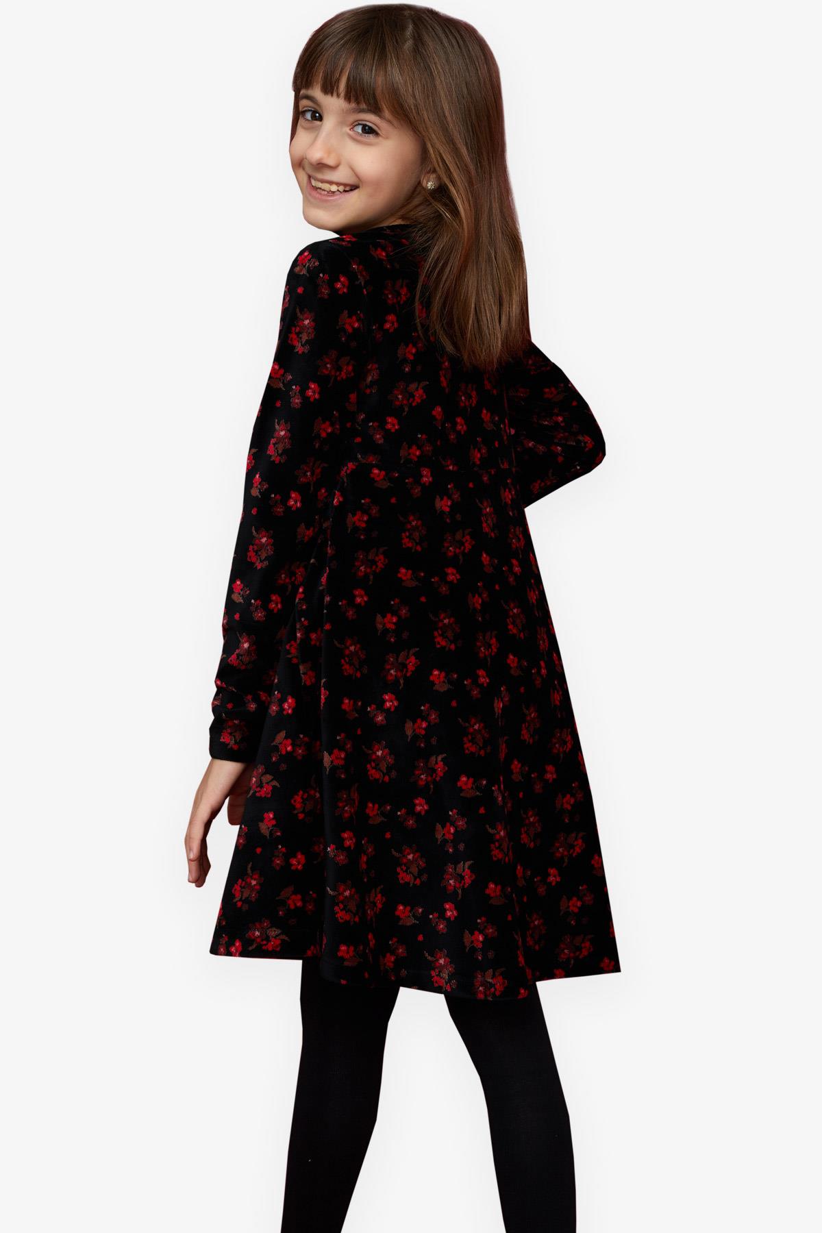 Kız Çocuk Kadife Elbise Çiçekli Siyah 7-12 Yaş - Kışlık Baharlık Elbiseler  | Breeze