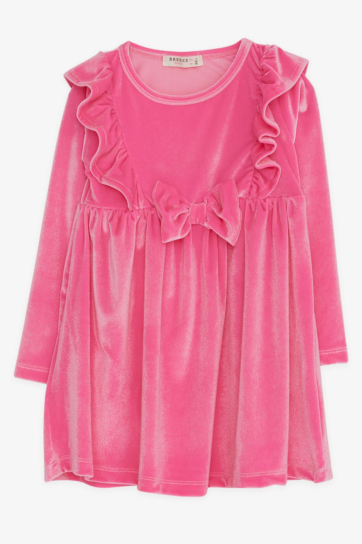 Breeze Kız Çocuk Kadife Elbise Fiyonklu Fırfırlı Pembe (3-8 Yaş)