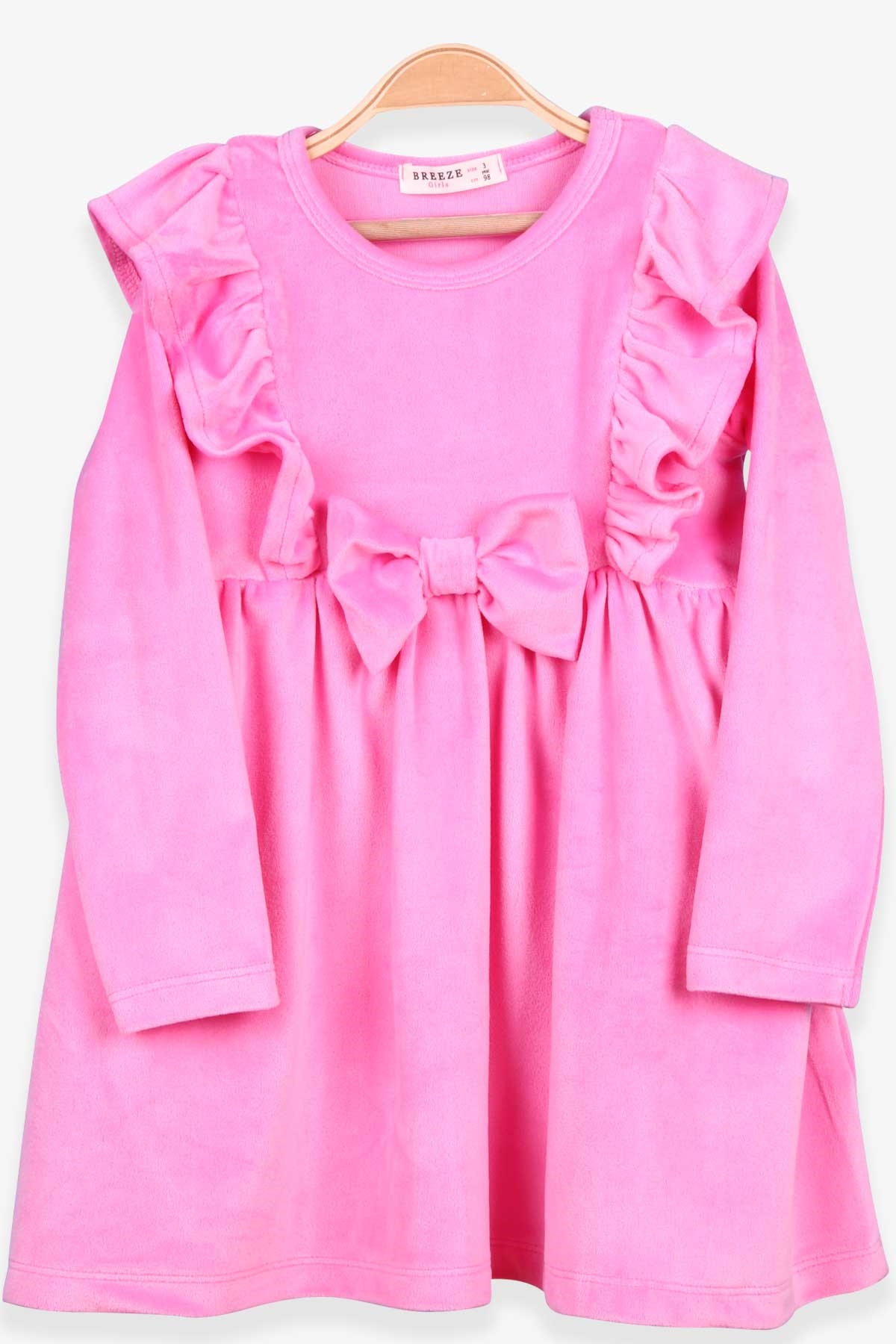 Breeze Kız Çocuk Kadife Elbise Fiyonklu Fırfırlı Pembe (3-8 Yaş)