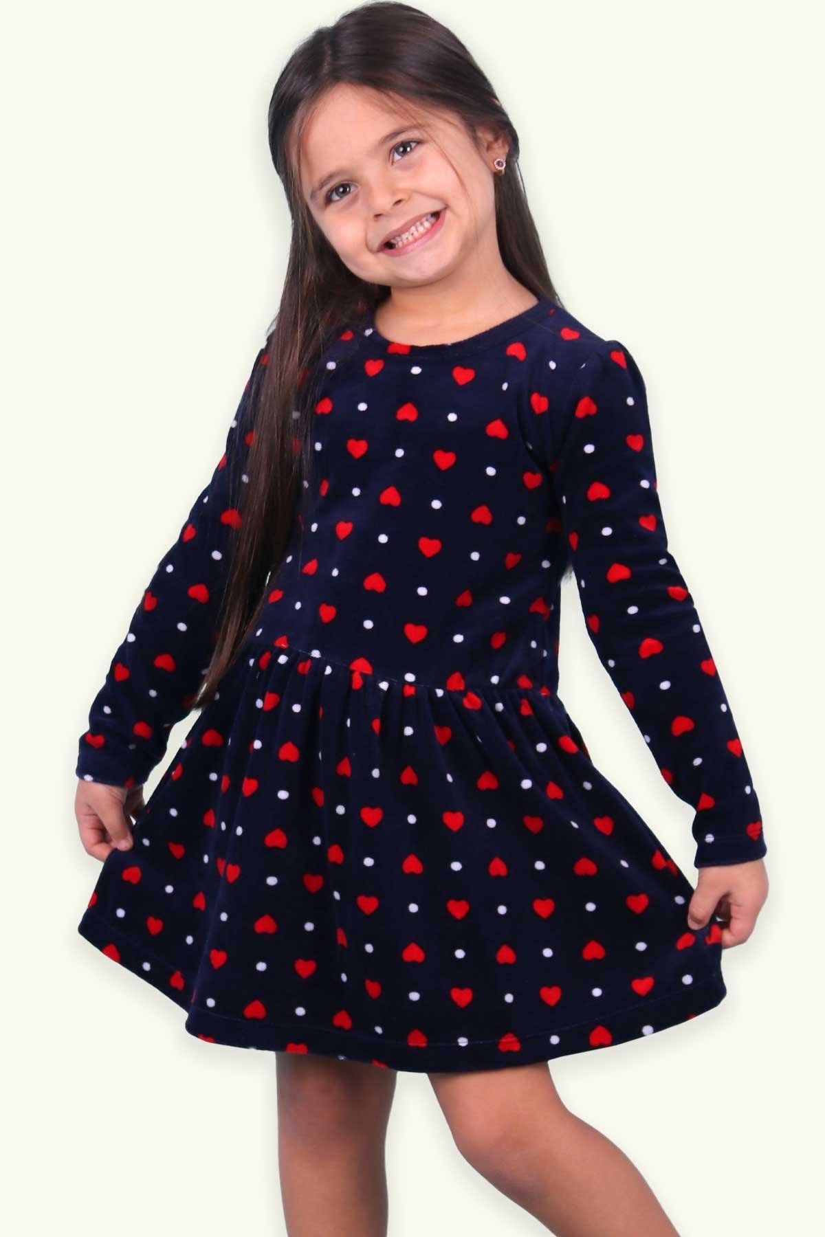 Kalp Desenli Lacivert 3-7 Yaş - Kız Çocuk Kadife Elbise
